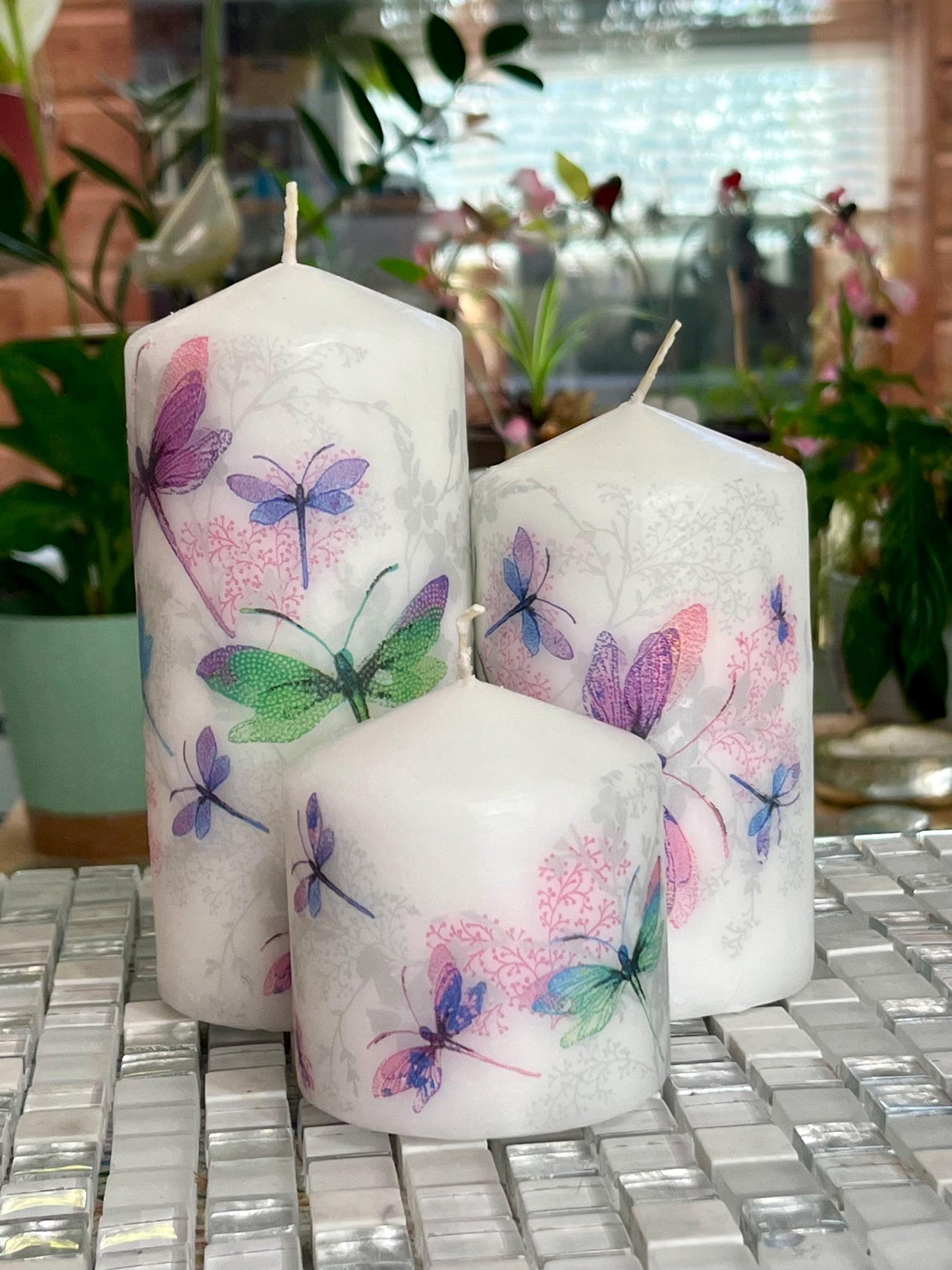 Set of 3 x matching pillar candles, Fantasy Draginfly design on white wax, descending order, gift set