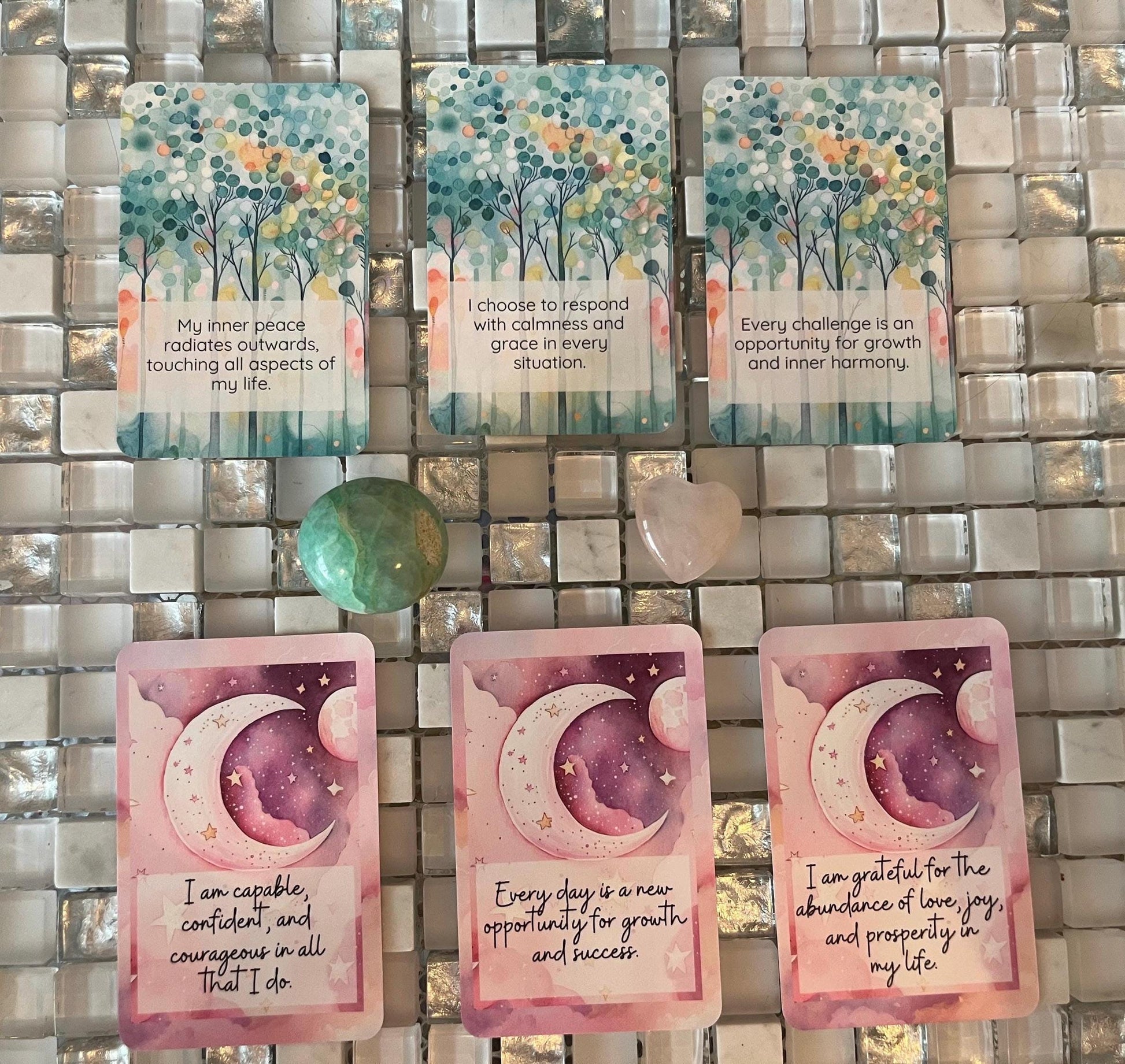 Positivity cards, affirmations, set of 30 cards, pick one a day for theme for day, do a spread as oracle cards, use with healing clients