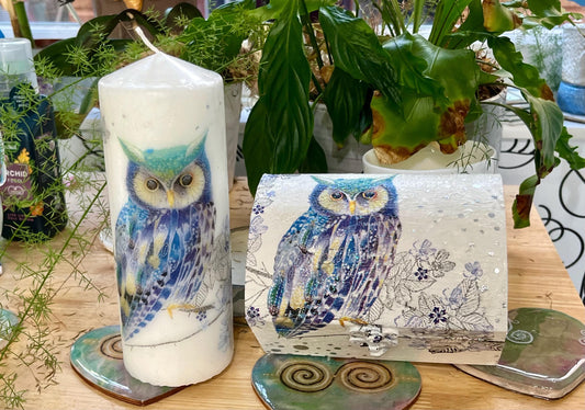 Owl tarot/keepsake box, sparkly inside and out, has matching candle sold separately, left or right facing available