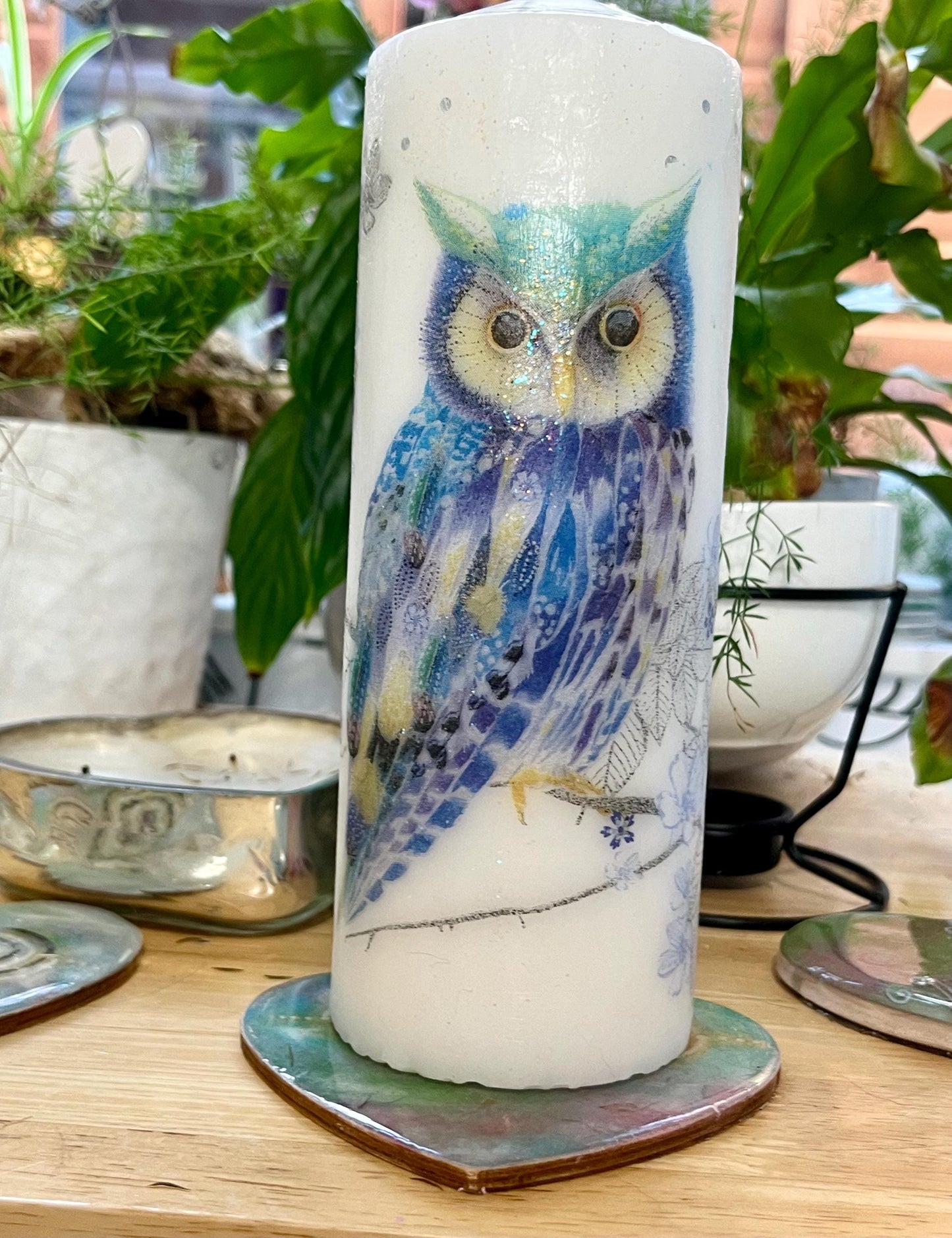 Large Pillar candle, Blue owl design on white wax, 150 hours burning, matching items available