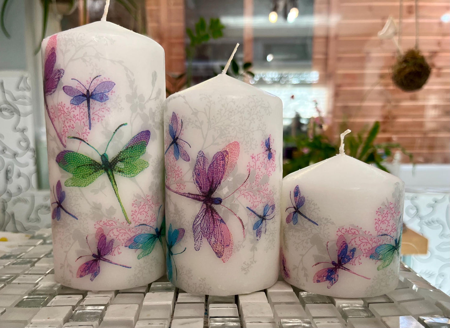 Set of 3 x matching pillar candles, Fantasy Draginfly design on white wax, descending order, gift set