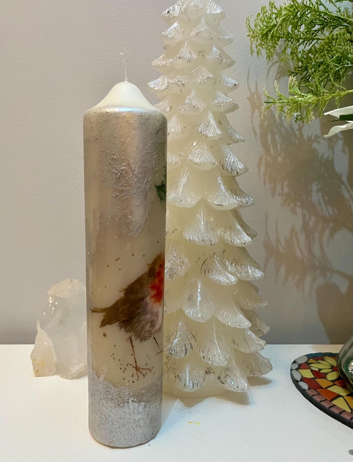 Tall Pillar candle with Robin in branches design, textured decoupage design with silver, 75hour burning, unscented single or pair