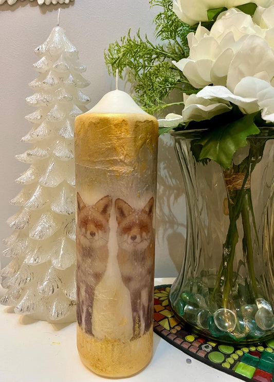 Large Pillar candle, silver and soft gold fox pair design with some sparkles 100hours burning