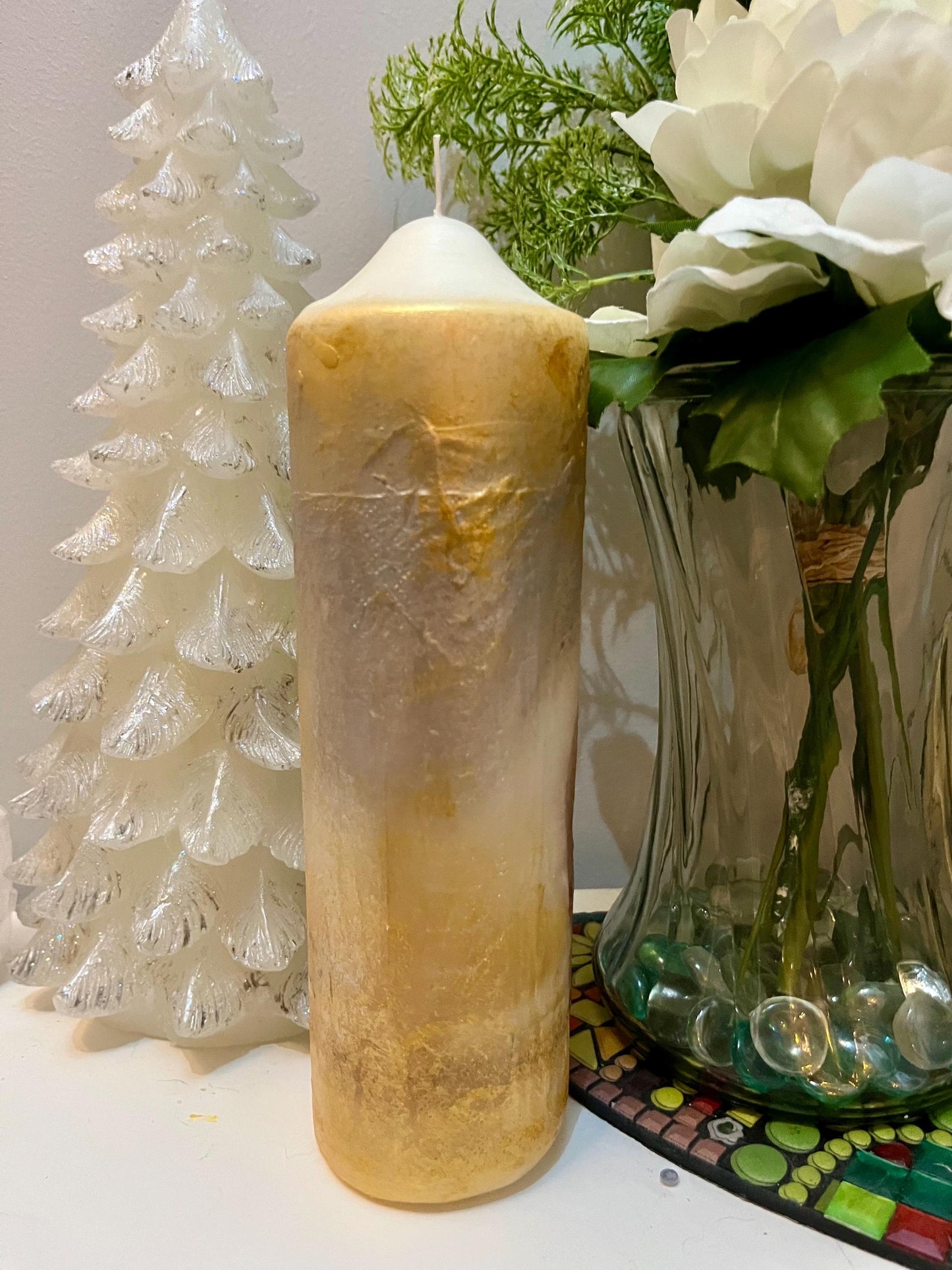 Large Pillar candle, silver and soft gold fox pair design with some sparkles 100hours burning