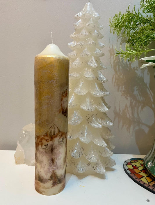 Large/Tall Pillar candle, silver/soft gold fox pair textured design 75 hours burning, matching items available separately.