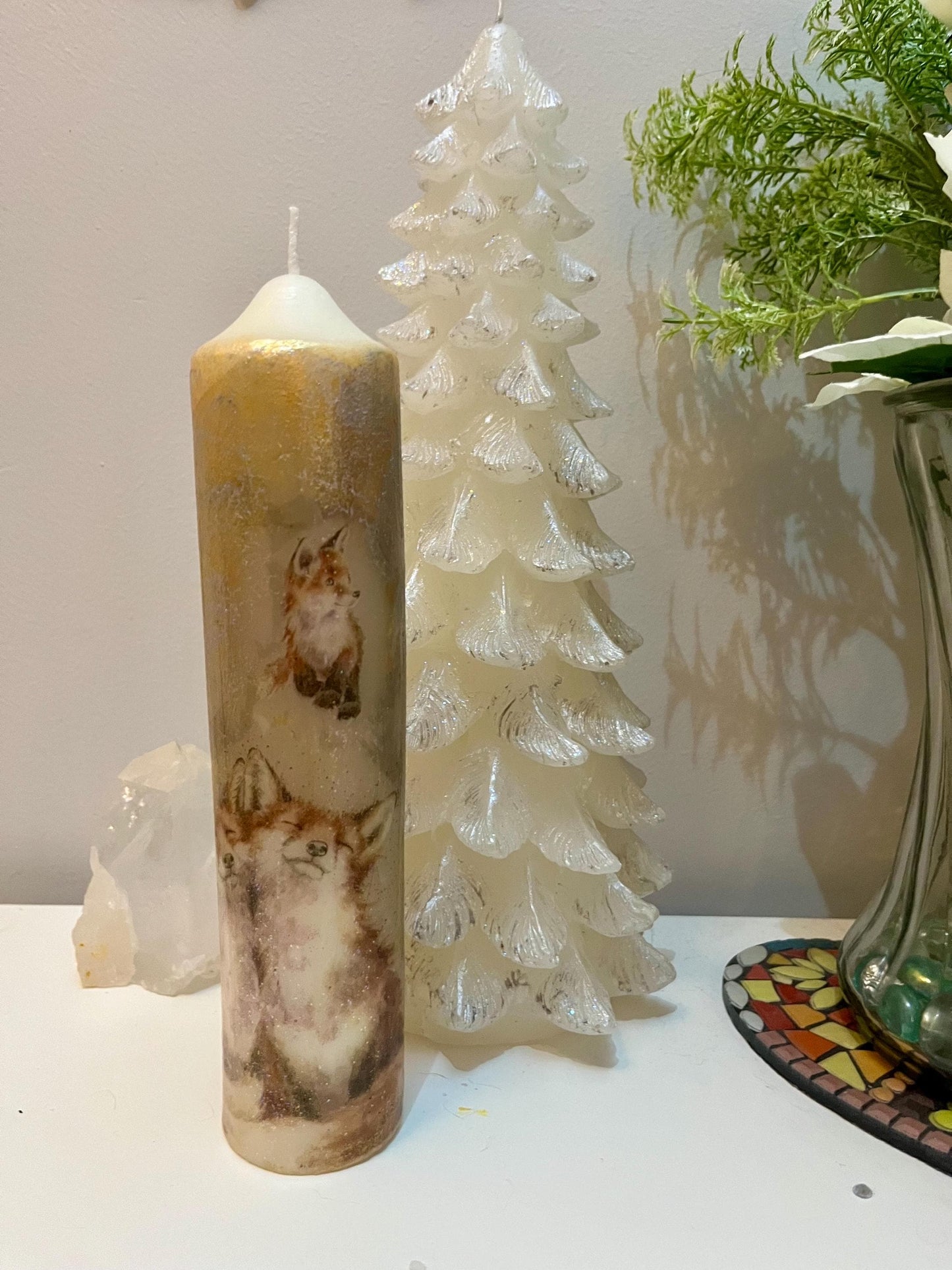 Large/Tall Pillar candle, silver/soft gold fox pair textured design 75 hours burning, matching items available separately.