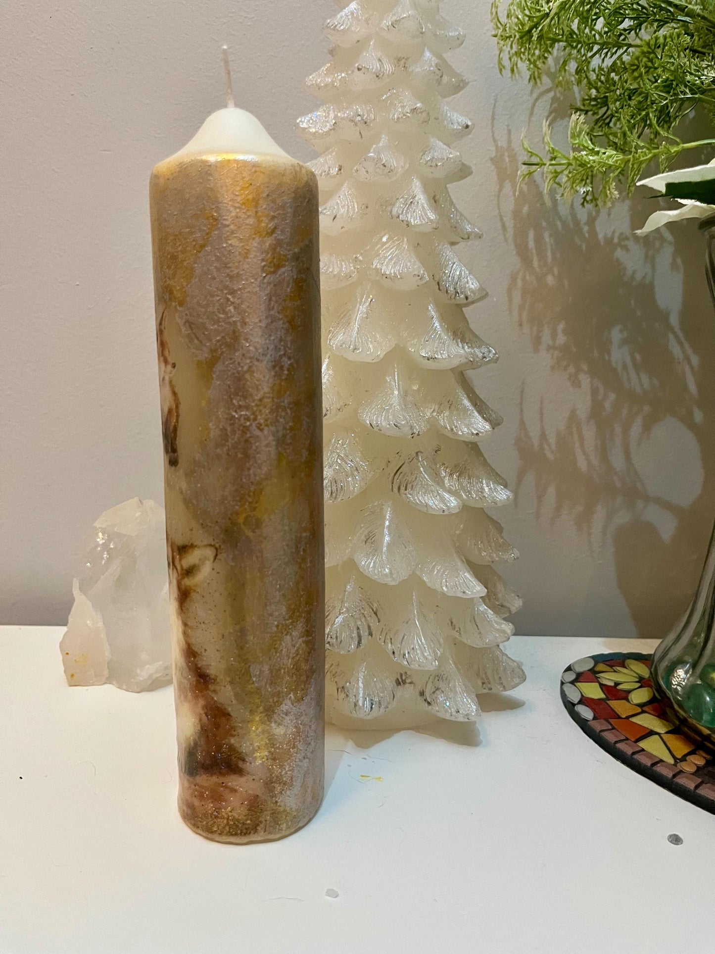 Large/Tall Pillar candle, silver/soft gold fox pair textured design 75 hours burning, matching items available separately.