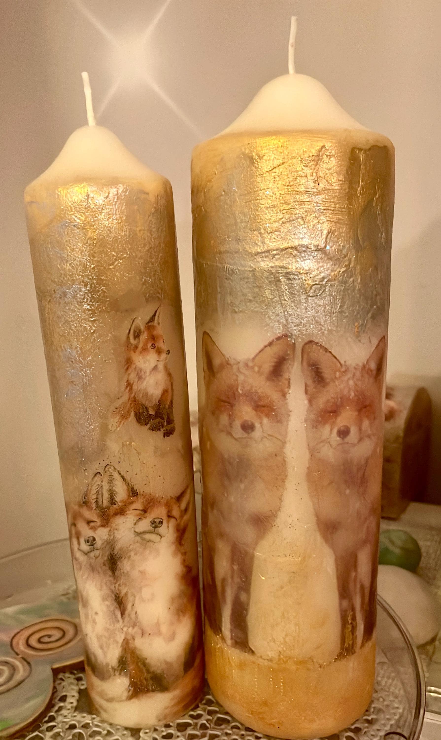 Large/Tall Pillar candle, silver/soft gold fox pair textured design 75 hours burning, matching items available separately.