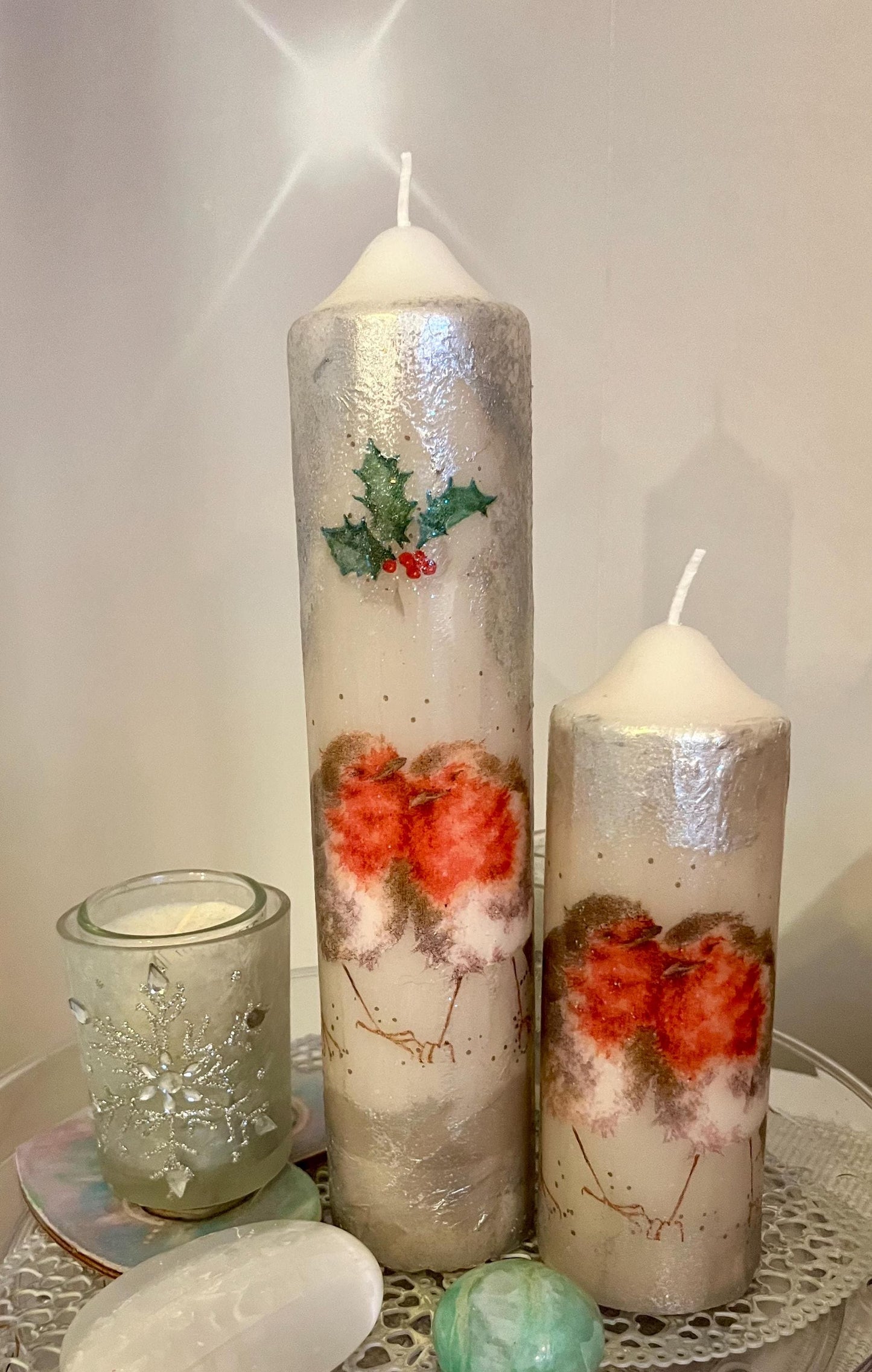 Tall Pillar candle with Robin in branches design, textured decoupage design with silver, 75hour burning, unscented single or pair