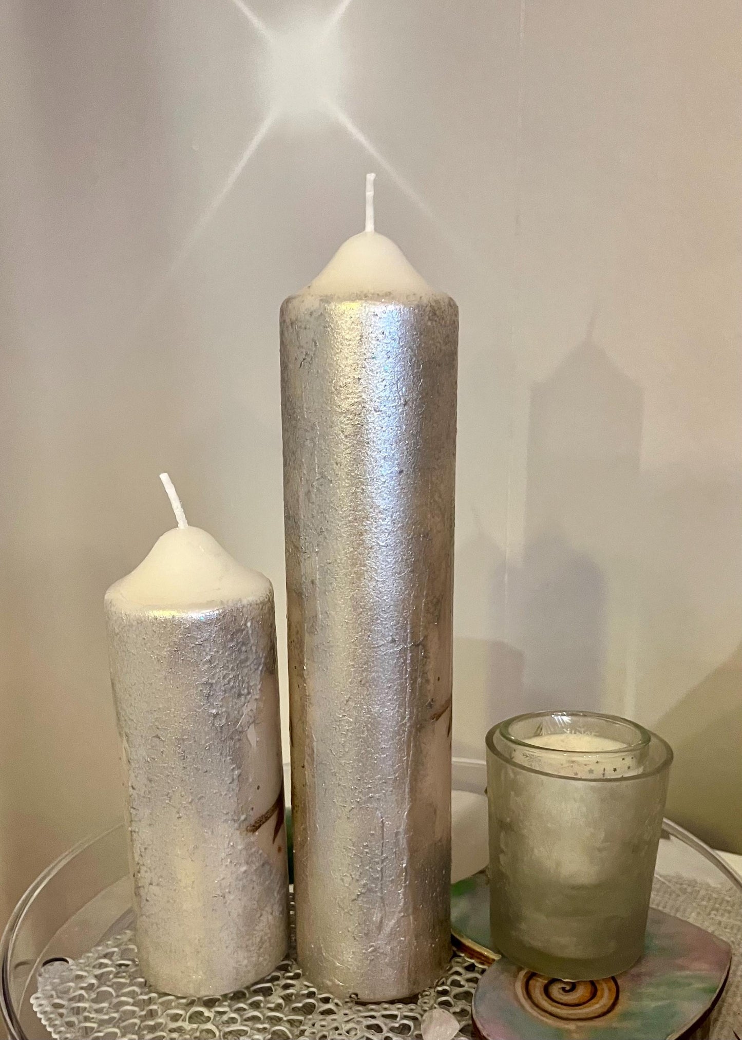 Tall Pillar candle with Robin in branches design, textured decoupage design with silver, 75hour burning, unscented single or pair