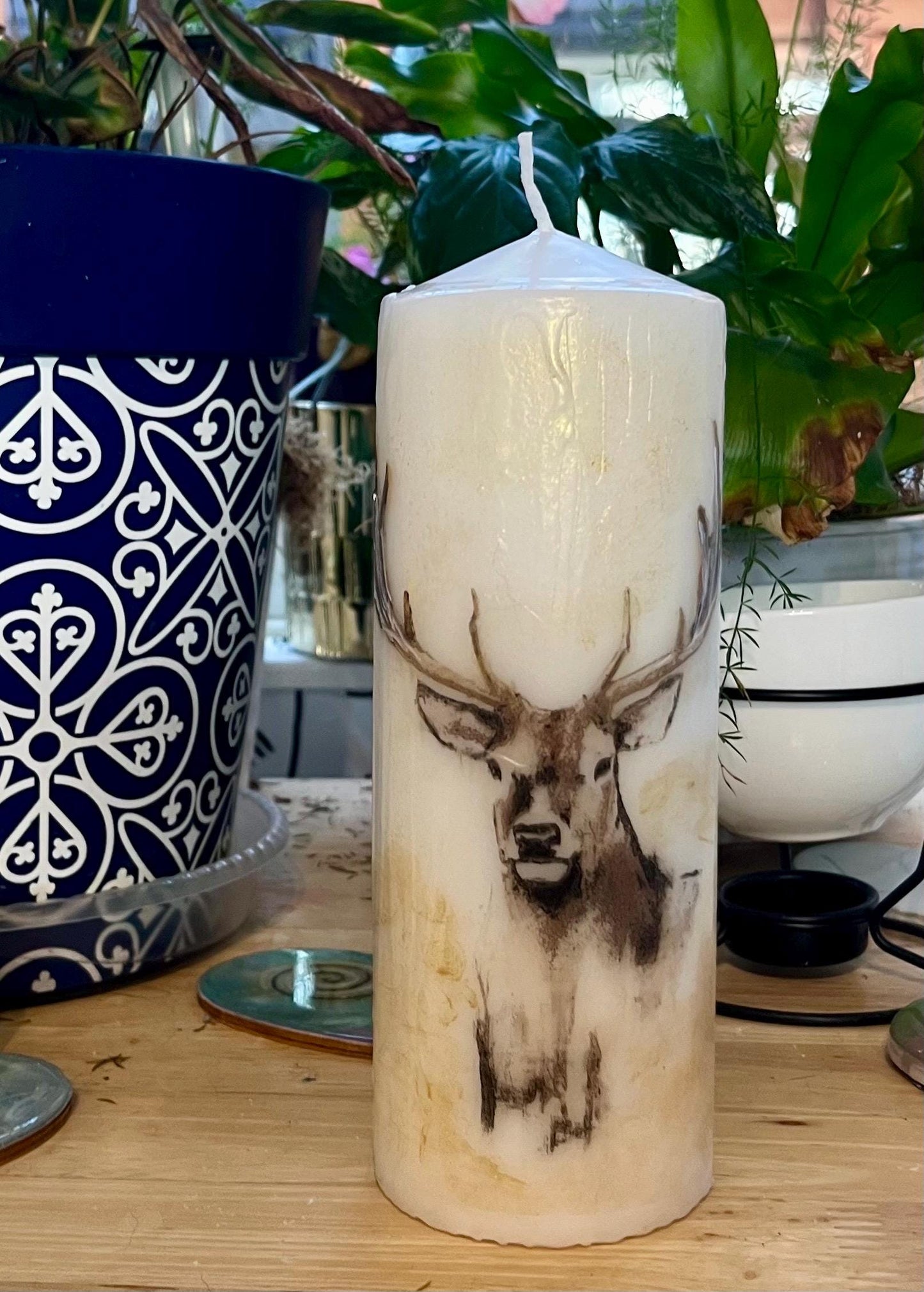 Large Pillar candle, Blue owl design on white wax, 150 hours burning, matching items available