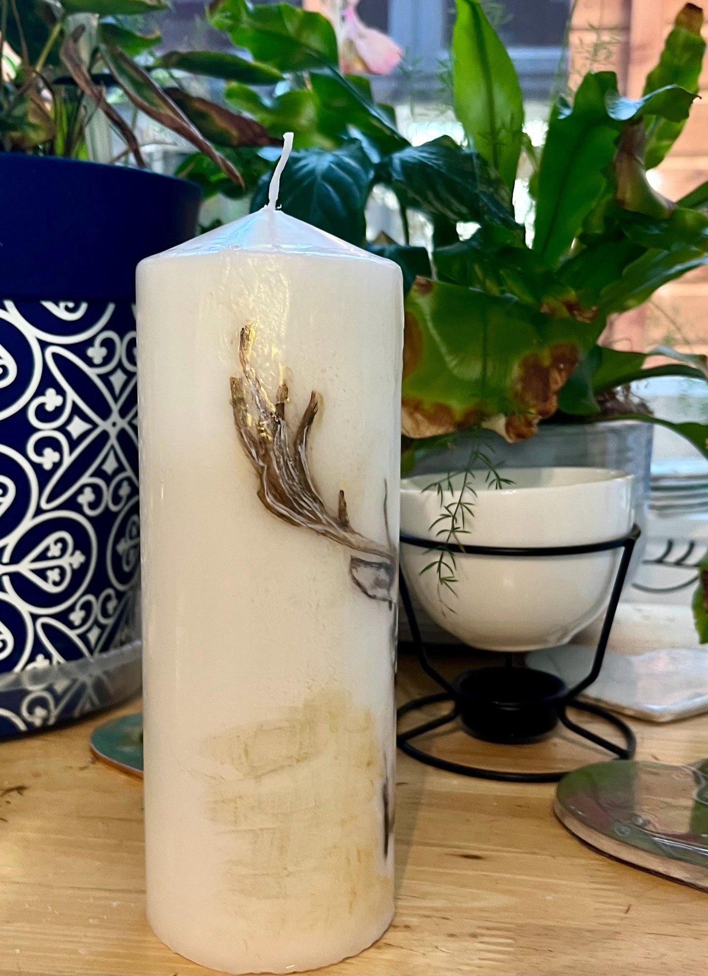 Large Pillar candle, Blue owl design on white wax, 150 hours burning, matching items available