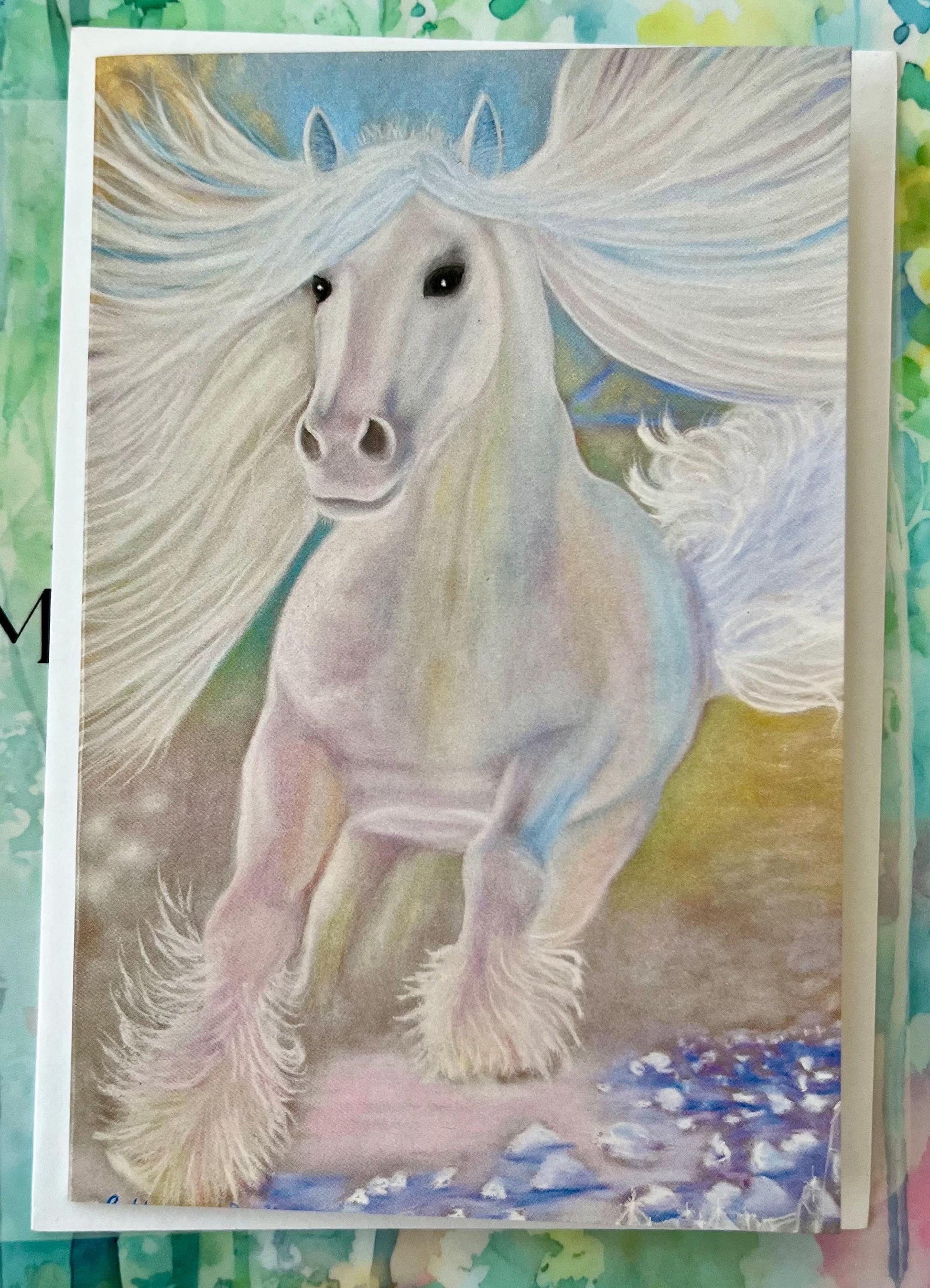 Greeting card- Healing Art Grace (White Horses galloping forward with bubbles )