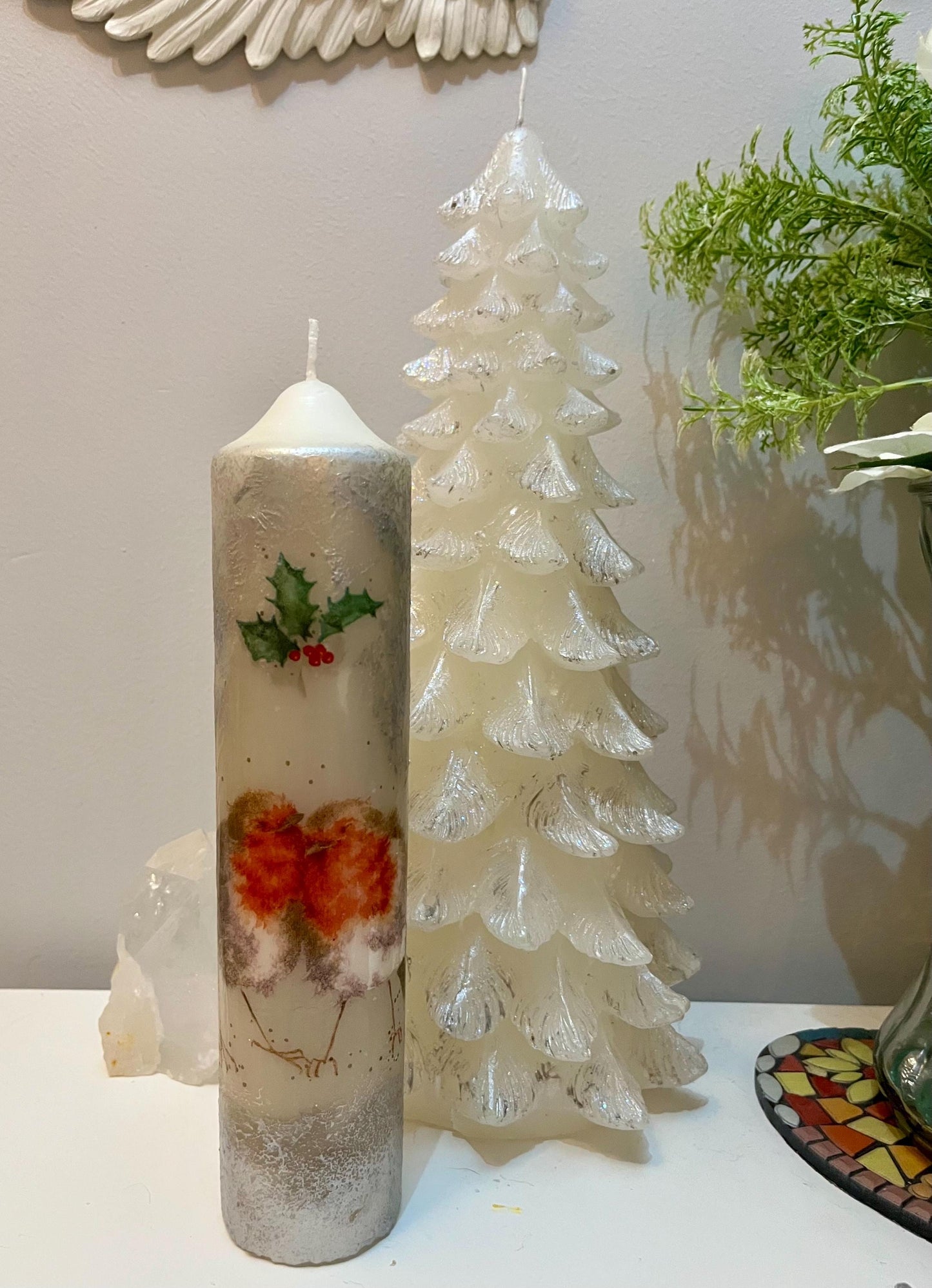 Tall Pillar candle with Robin in branches design, textured decoupage design with silver, 75hour burning, unscented single or pair