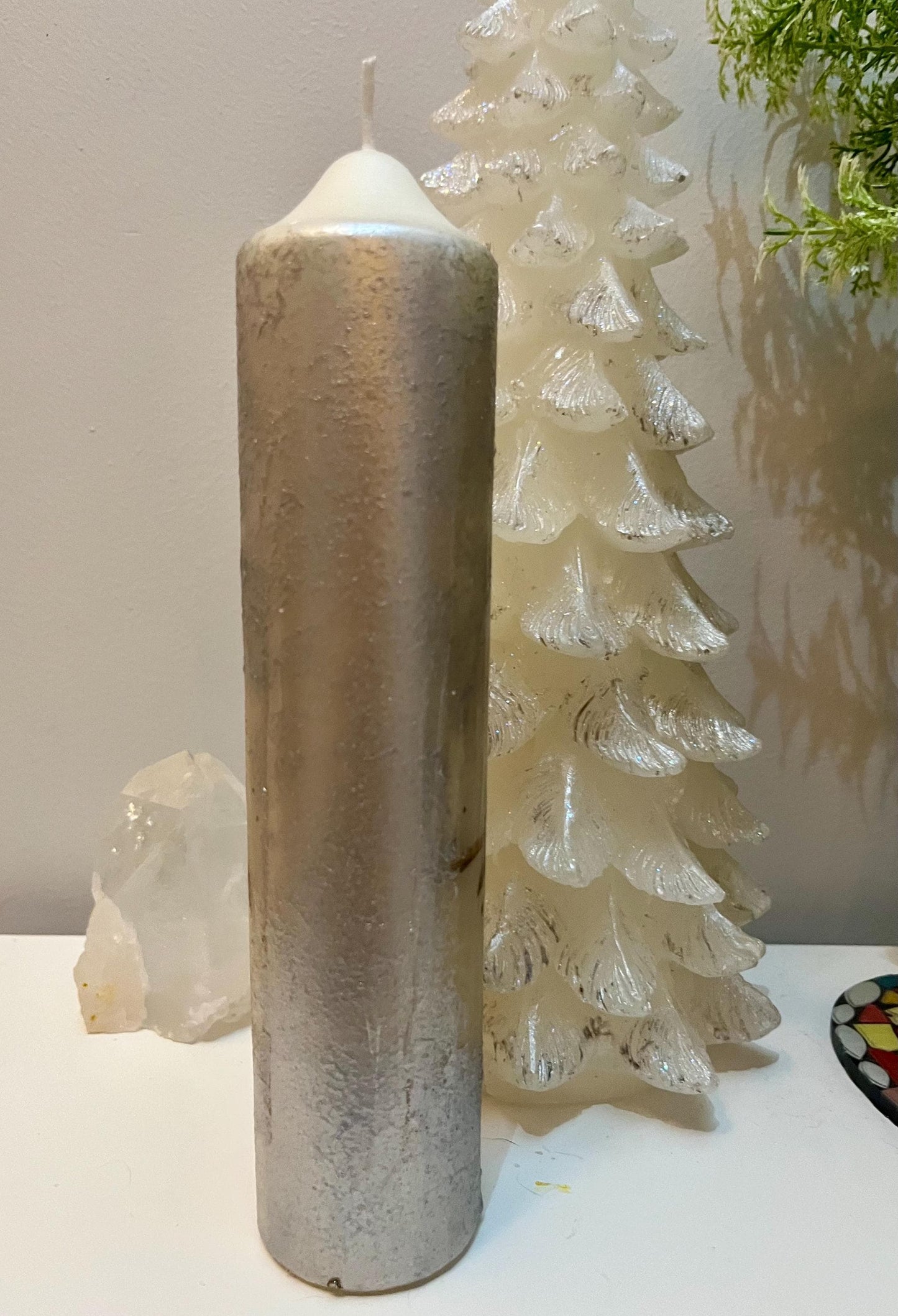 Tall Pillar candle with Robin in branches design, textured decoupage design with silver, 75hour burning, unscented single or pair