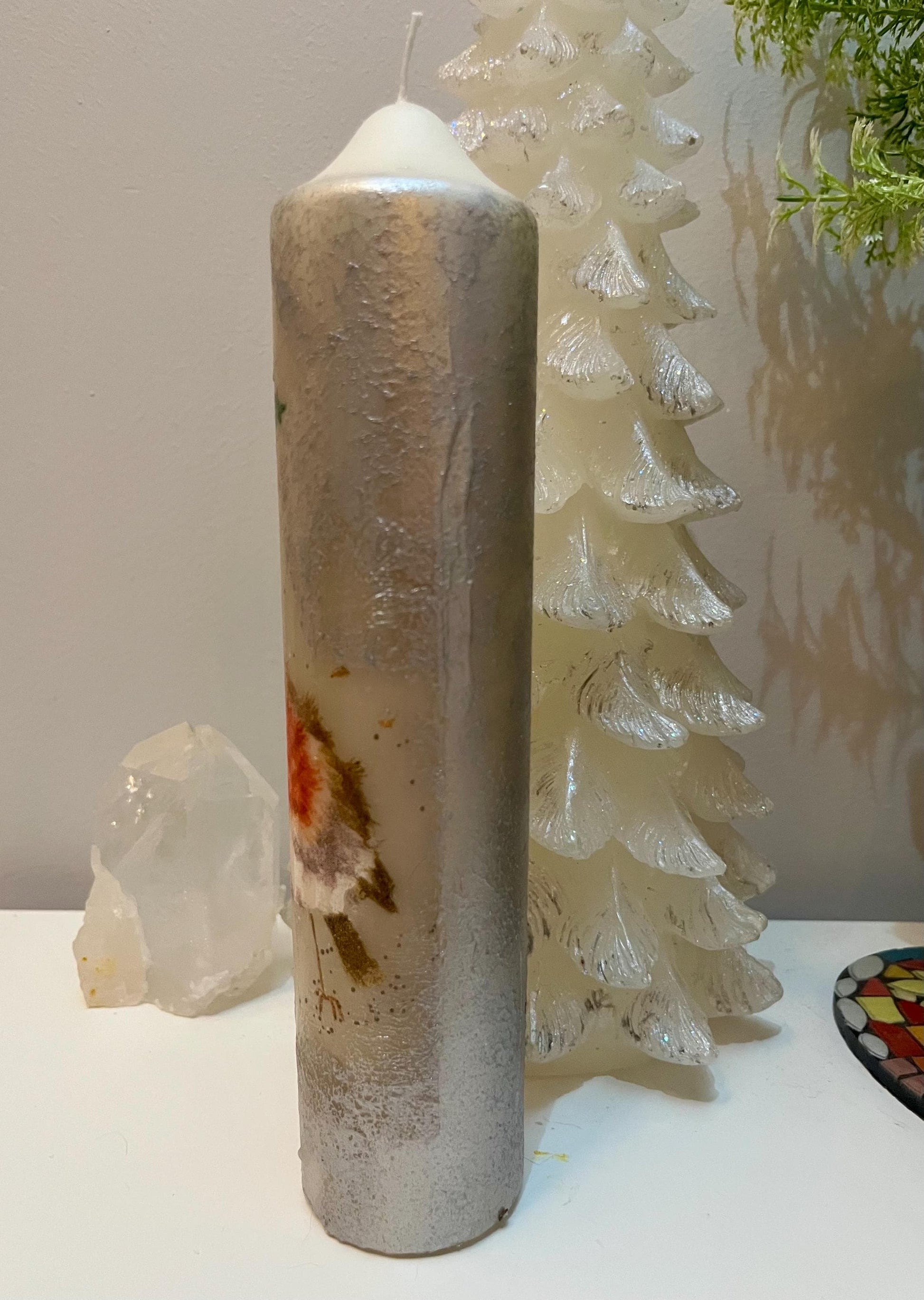 Tall Pillar candle with Robin in branches design, textured decoupage design with silver, 75hour burning, unscented single or pair