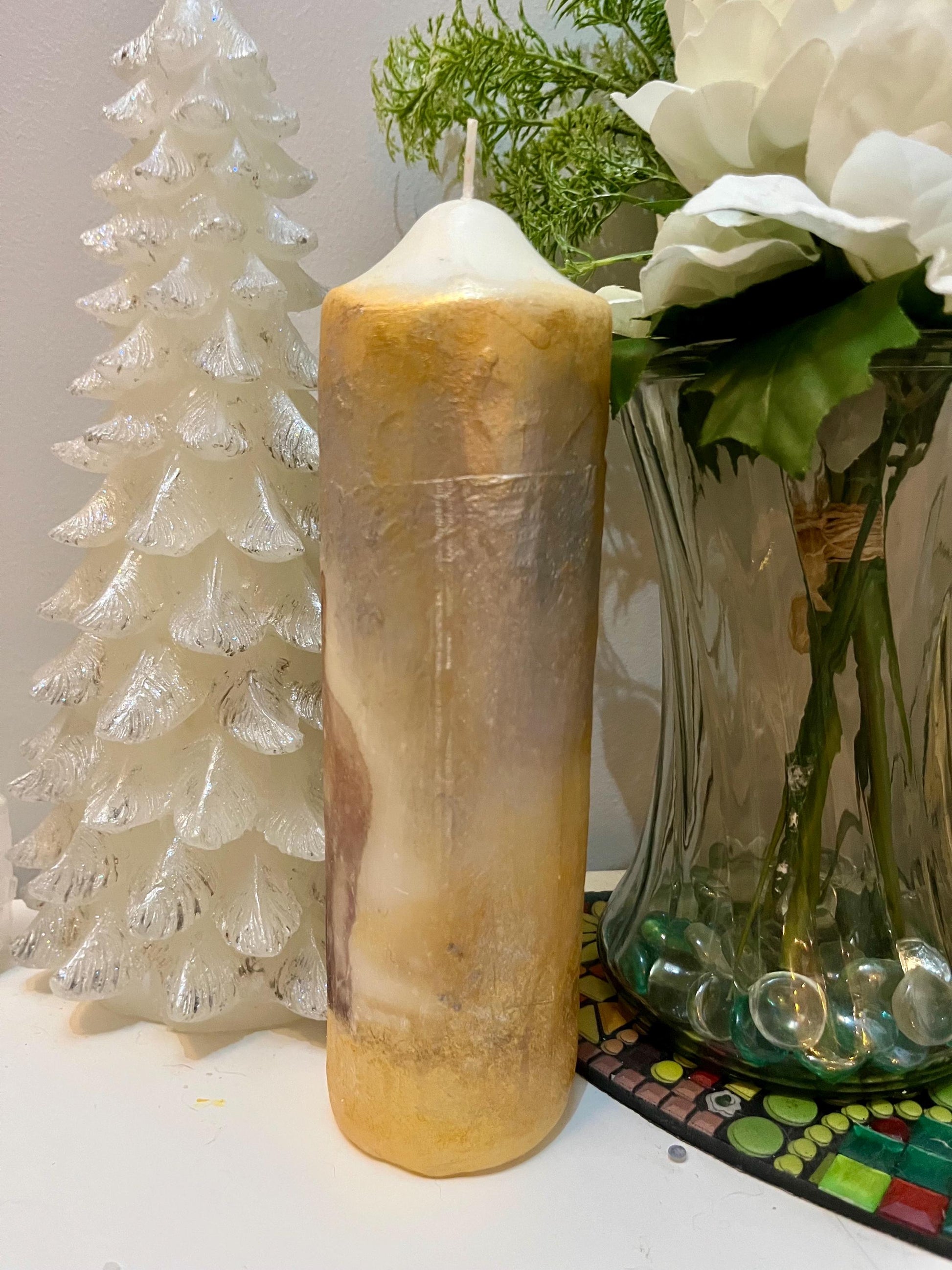 Large Pillar candle, silver and soft gold fox pair design with some sparkles 100hours burning