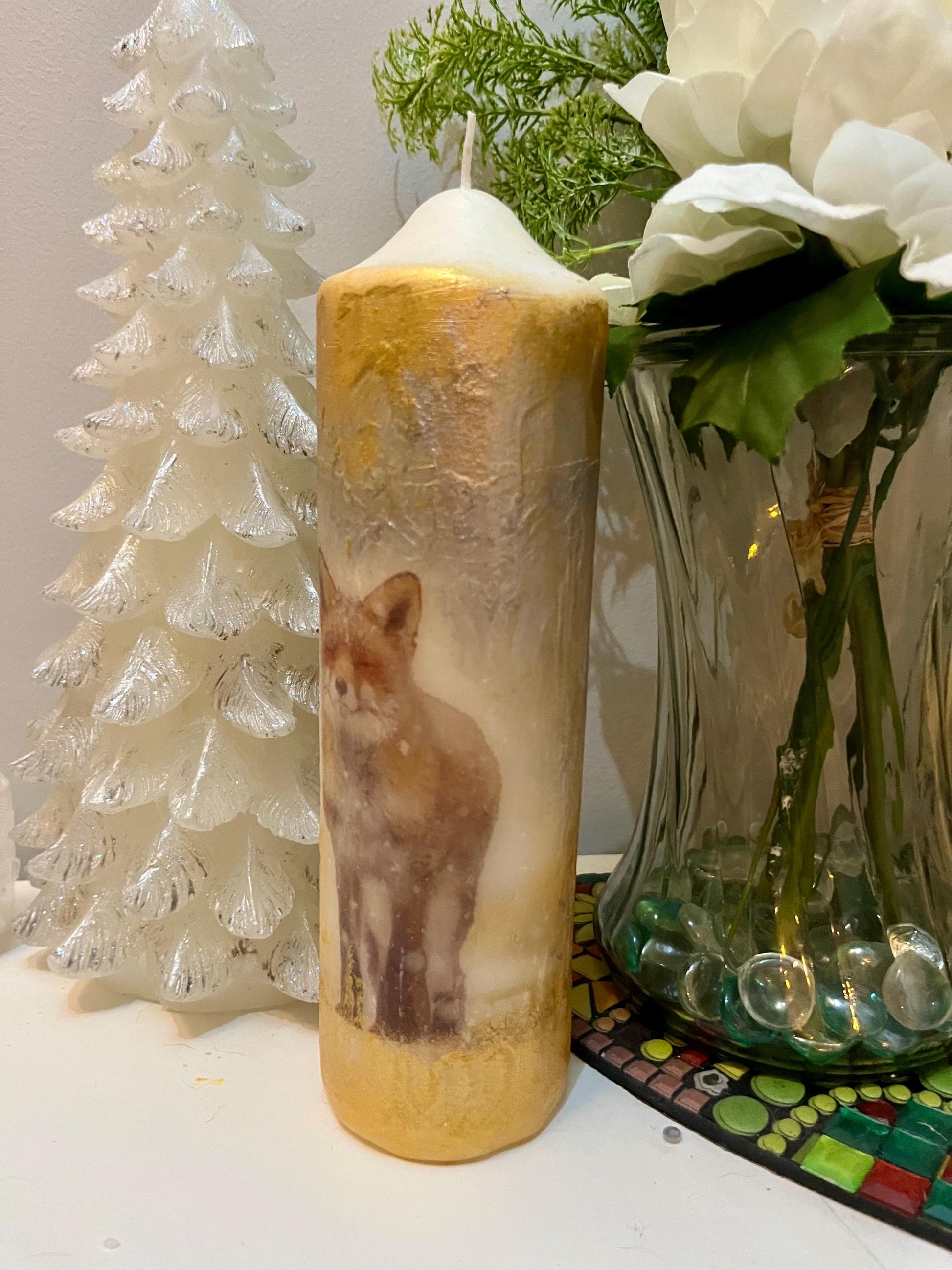 Large Pillar candle, silver and soft gold fox pair design with some sparkles 100hours burning