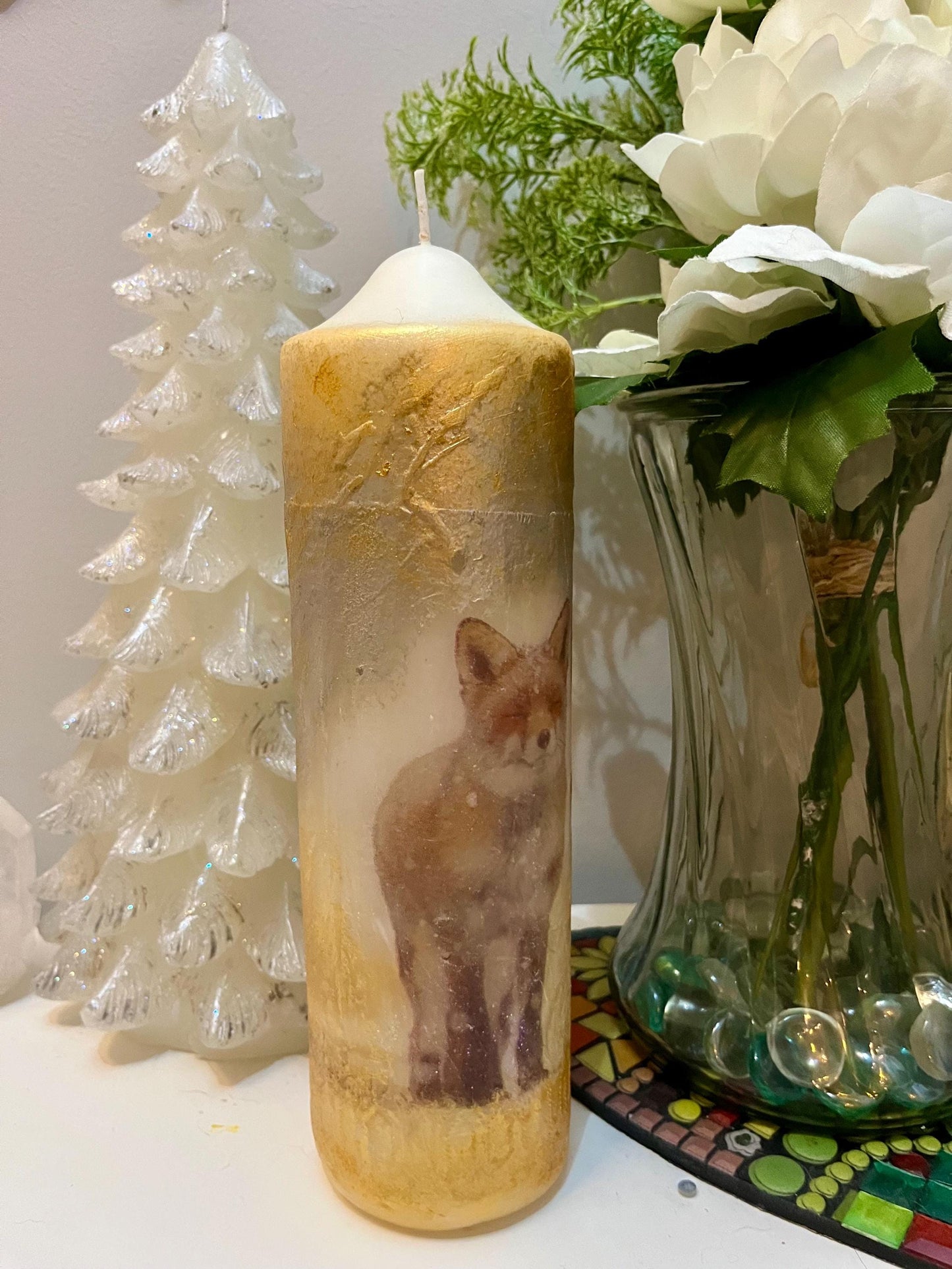 Large Pillar candle, silver and soft gold fox pair design with some sparkles 100hours burning