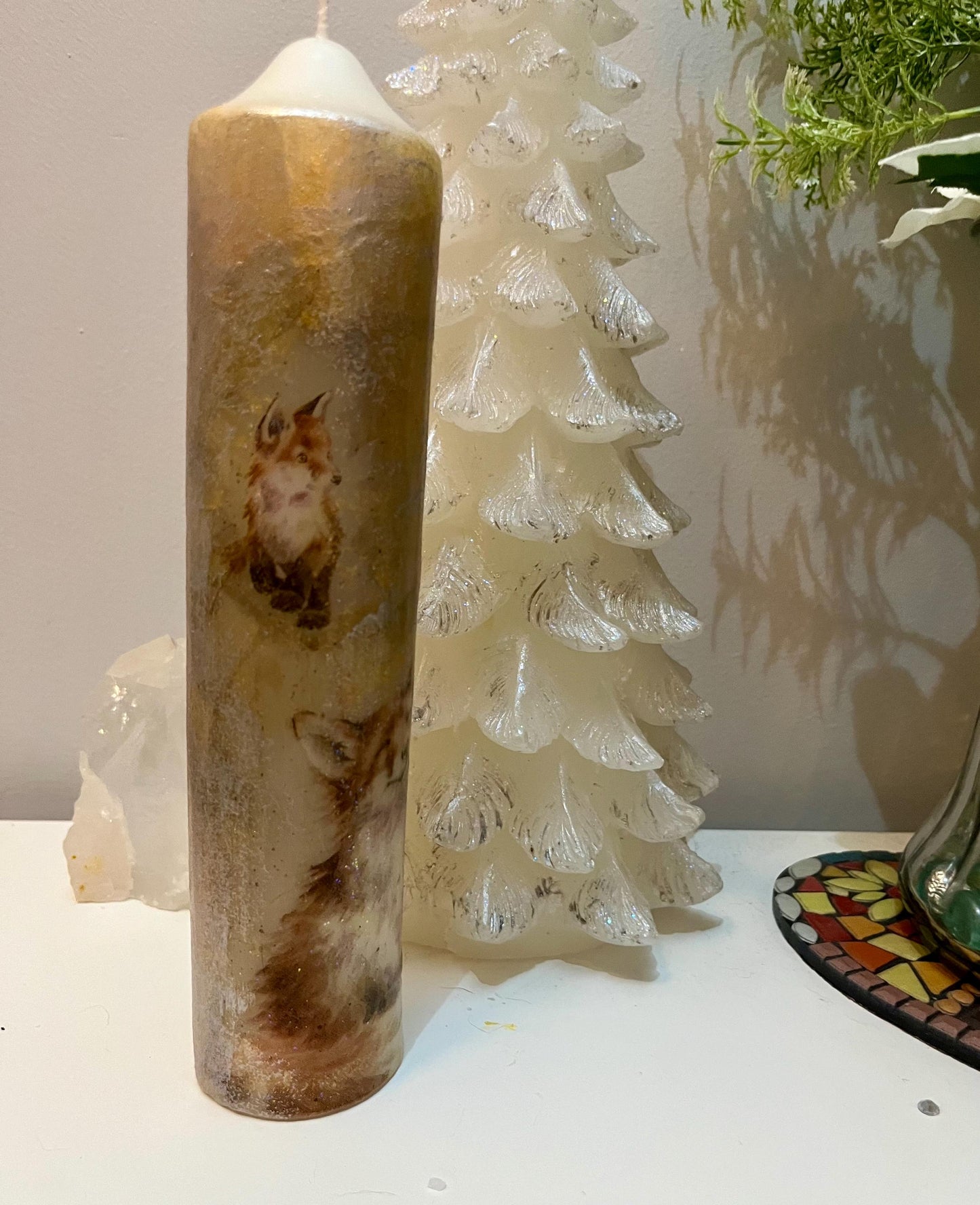 Large/Tall Pillar candle, silver/soft gold fox pair textured design 75 hours burning, matching items available separately.