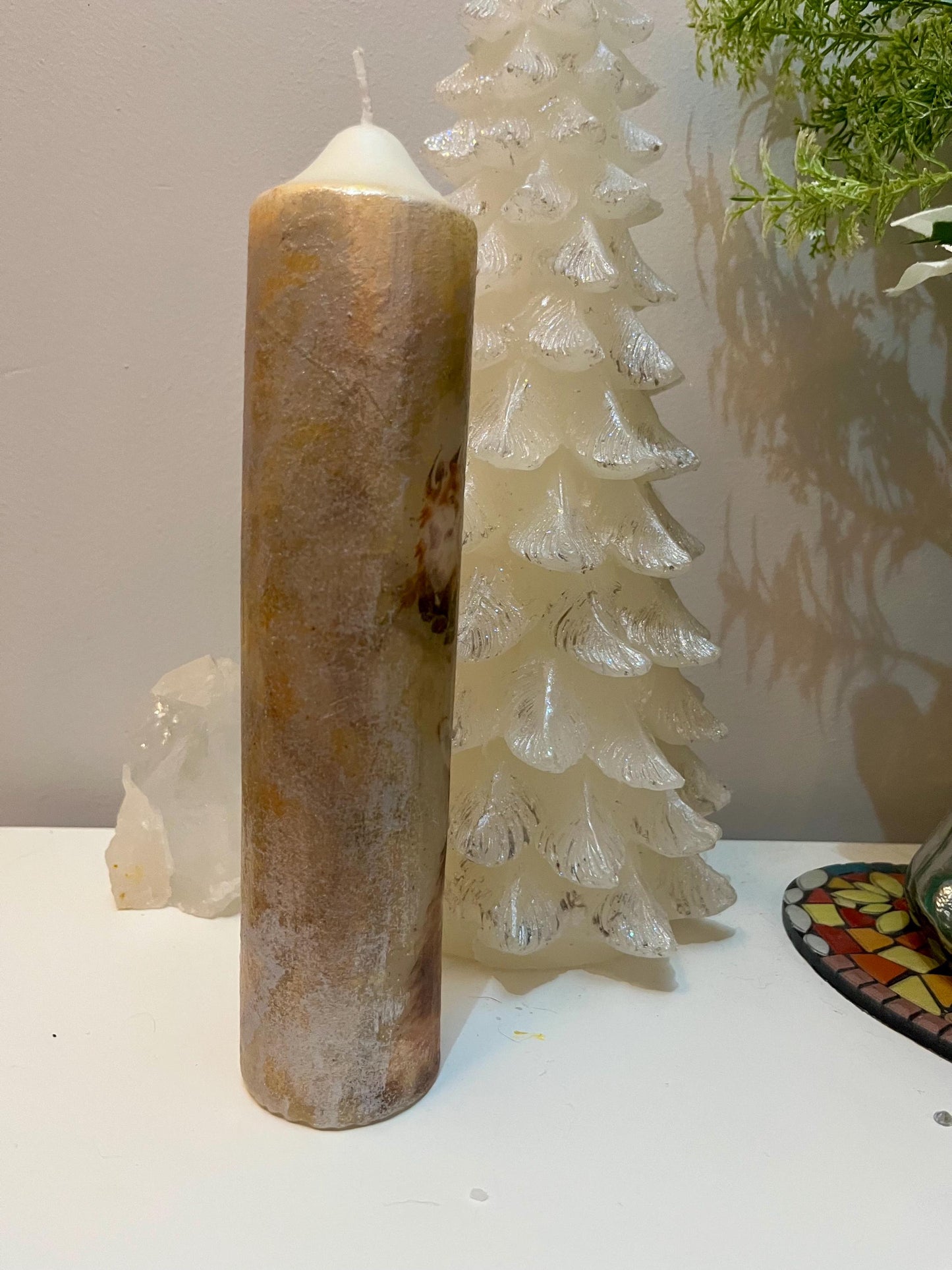 Large/Tall Pillar candle, silver/soft gold fox pair textured design 75 hours burning, matching items available separately.