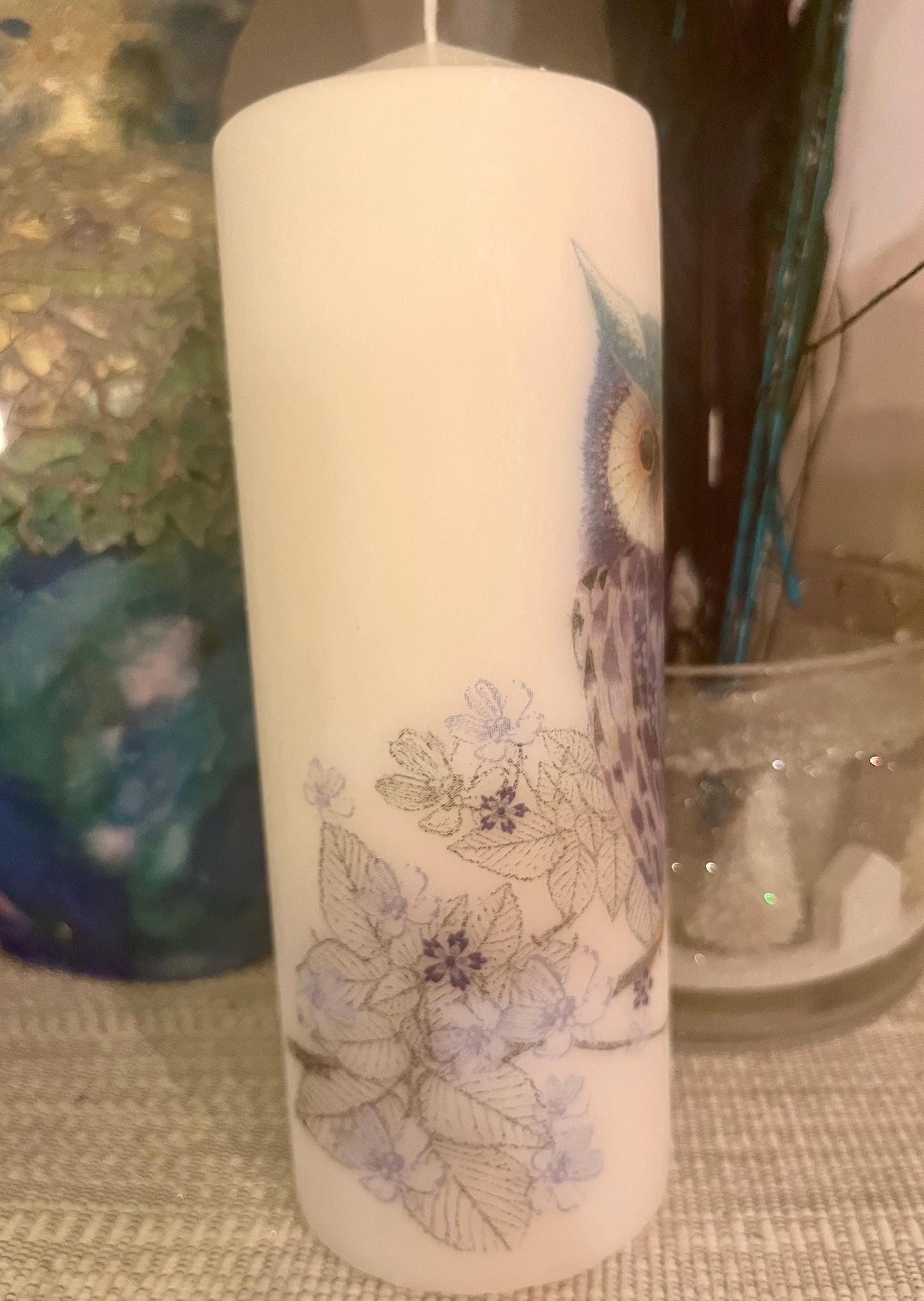 Large Pillar candle, Blue owl design on white wax, 150 hours burning, matching items available