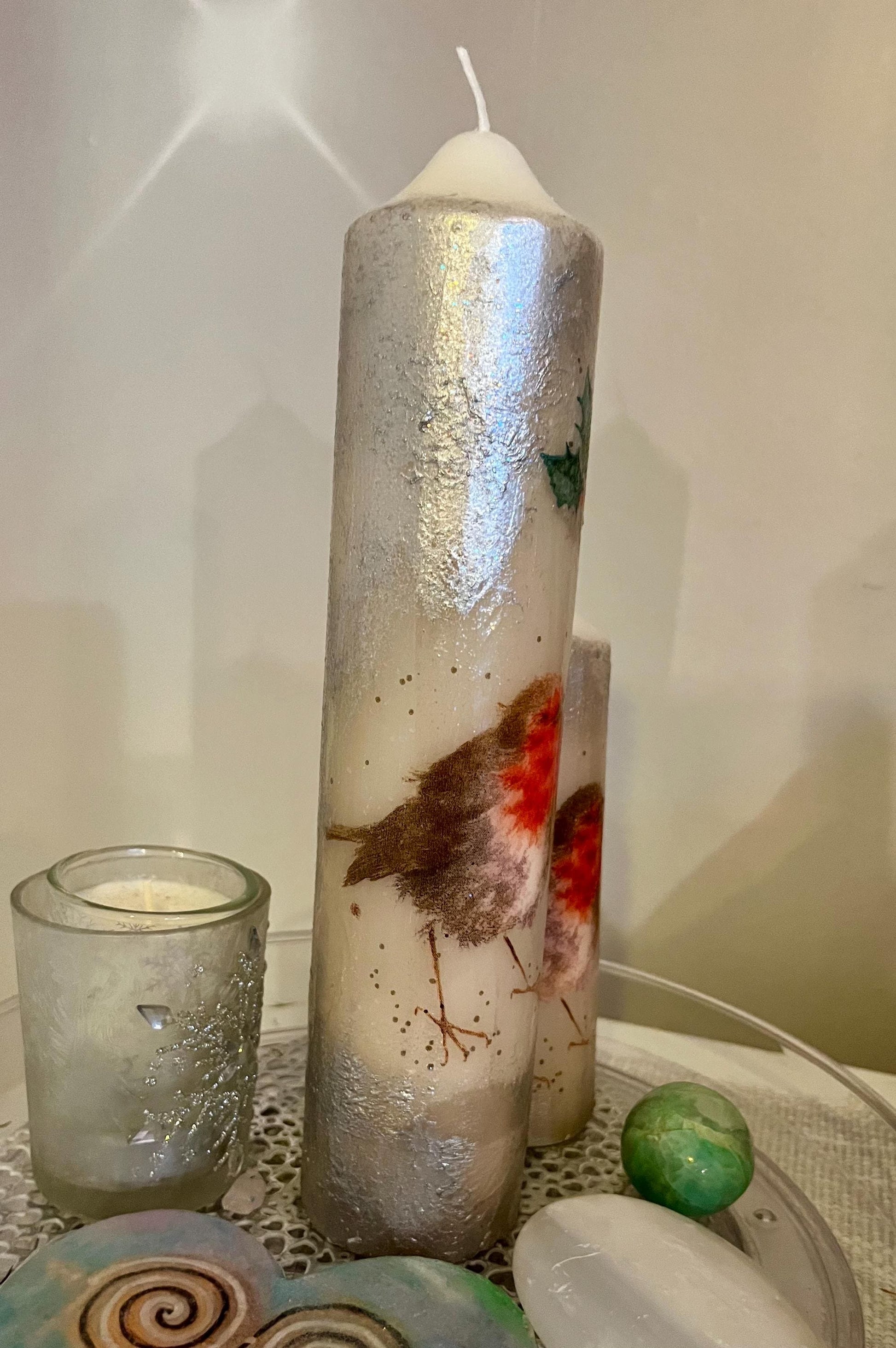 Tall Pillar candle with Robin in branches design, textured decoupage design with silver, 75hour burning, unscented single or pair