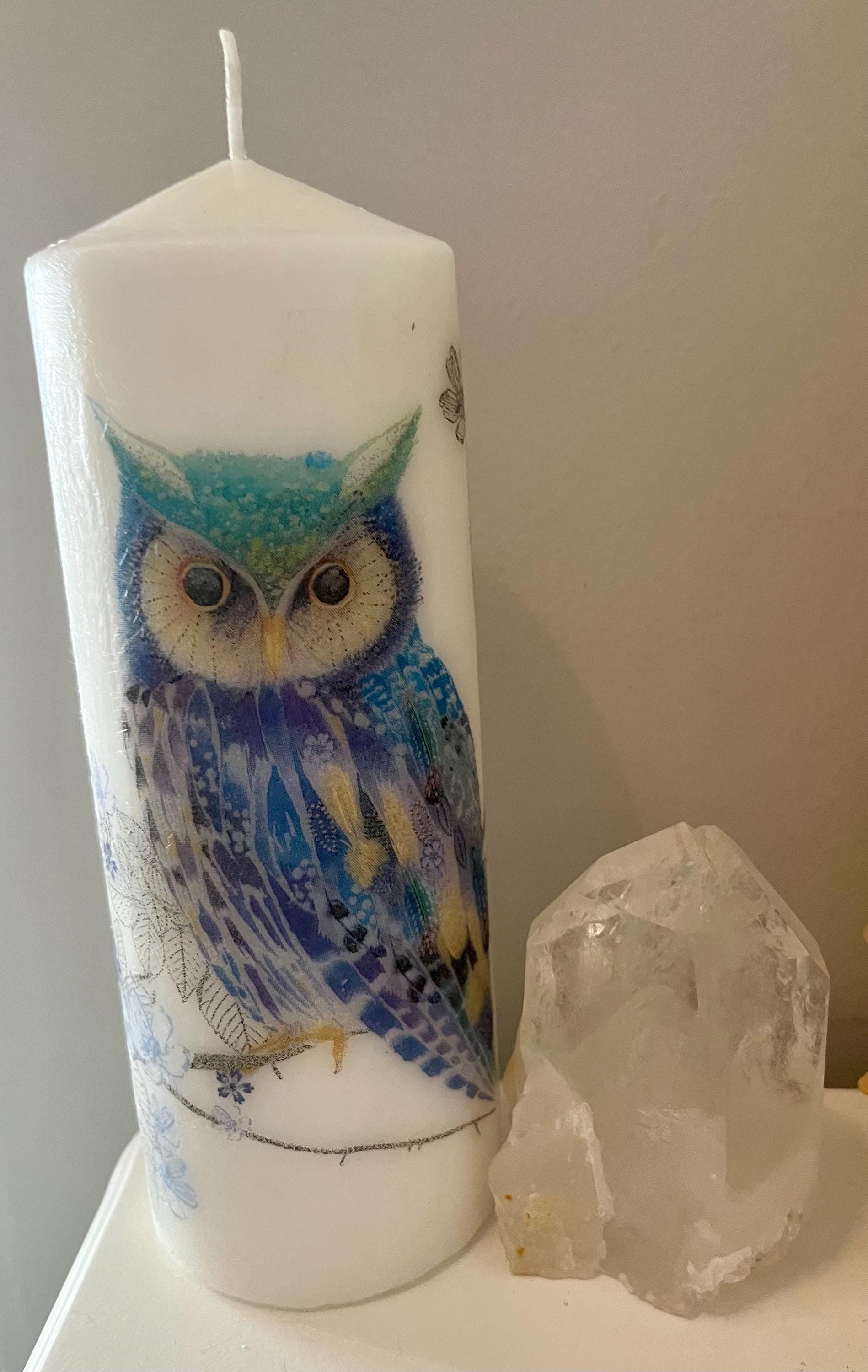 Large Pillar candle, Blue owl design on white wax, 150 hours burning, matching items available