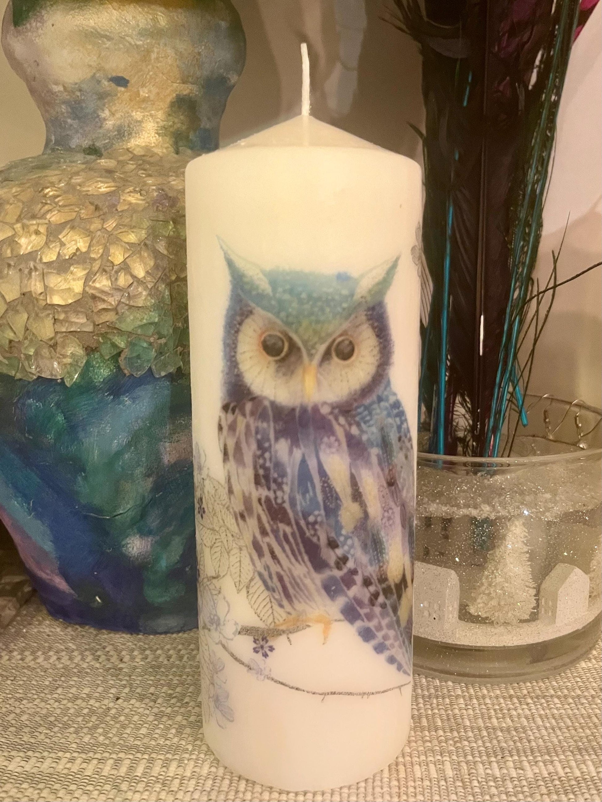 Large Pillar candle, Blue owl design on white wax, 150 hours burning, matching items available