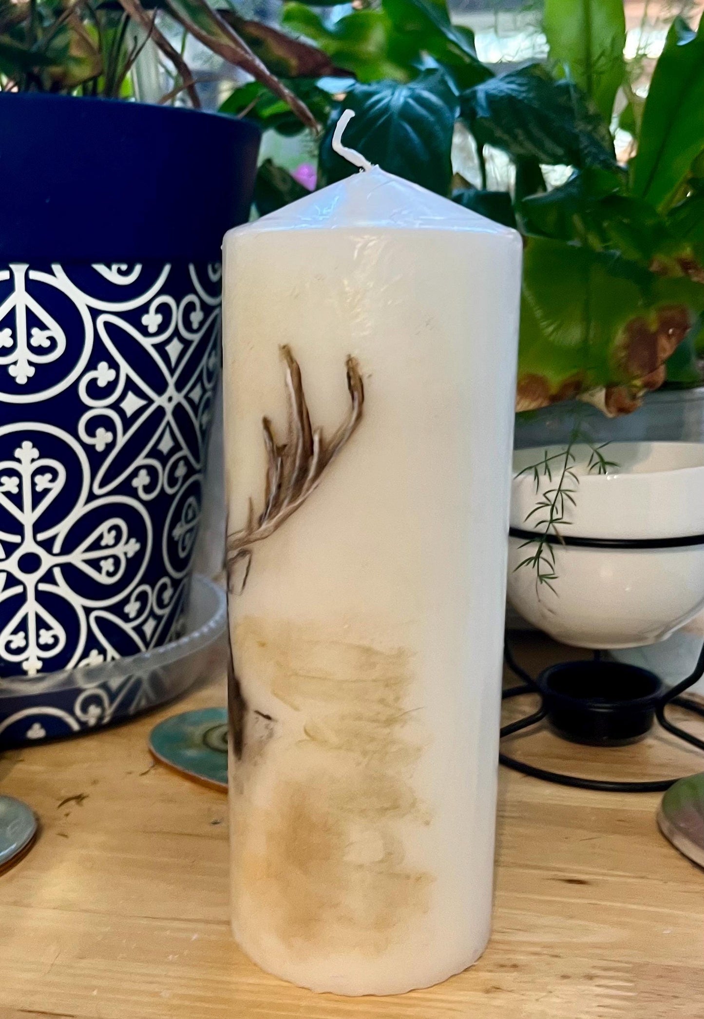 Large Pillar candle, Blue owl design on white wax, 150 hours burning, matching items available