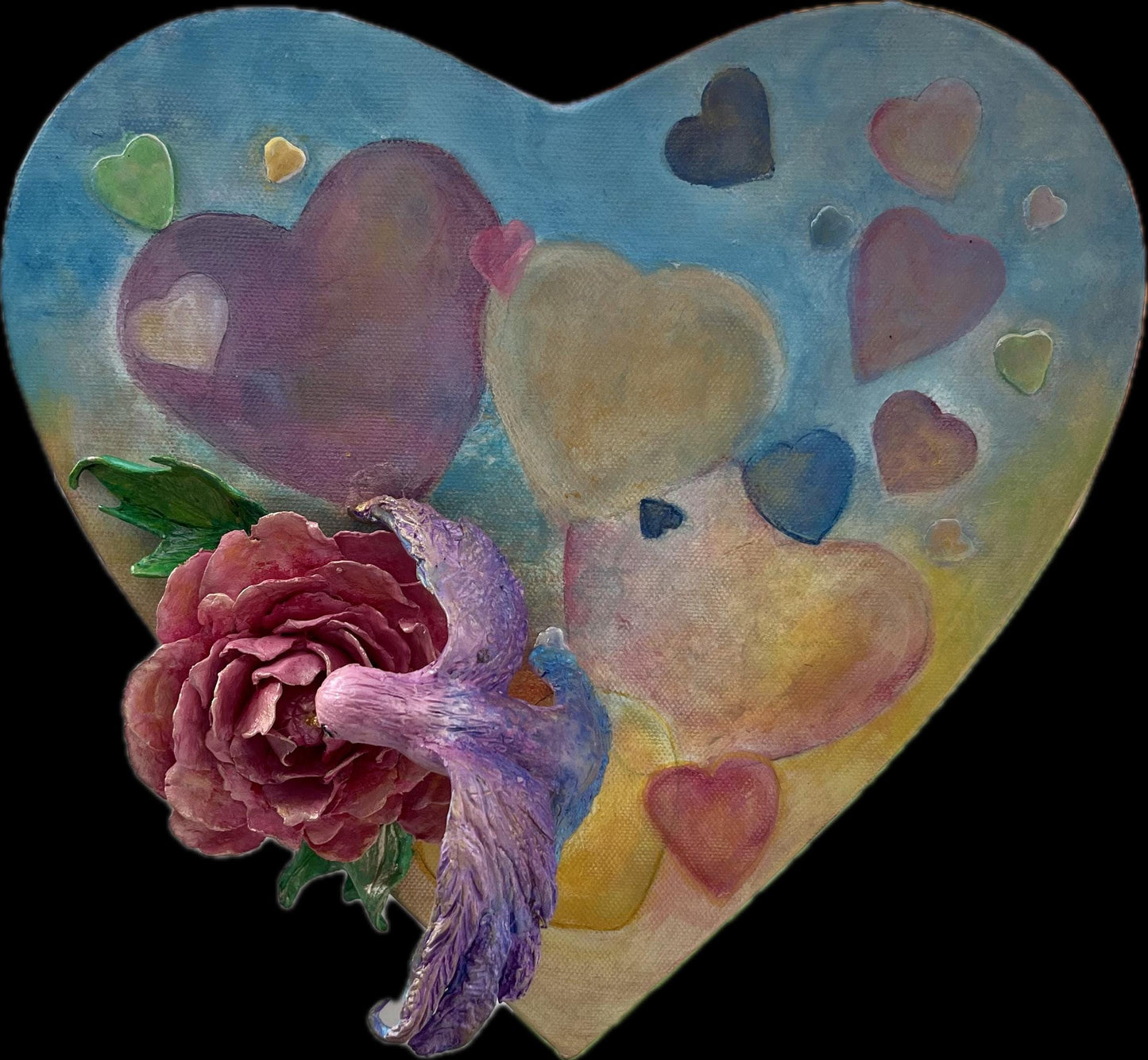 Original Alchemical Art 3D peony and hummingbird on heart shaped canvas with light catching metallic coloured hearts ( original painting)