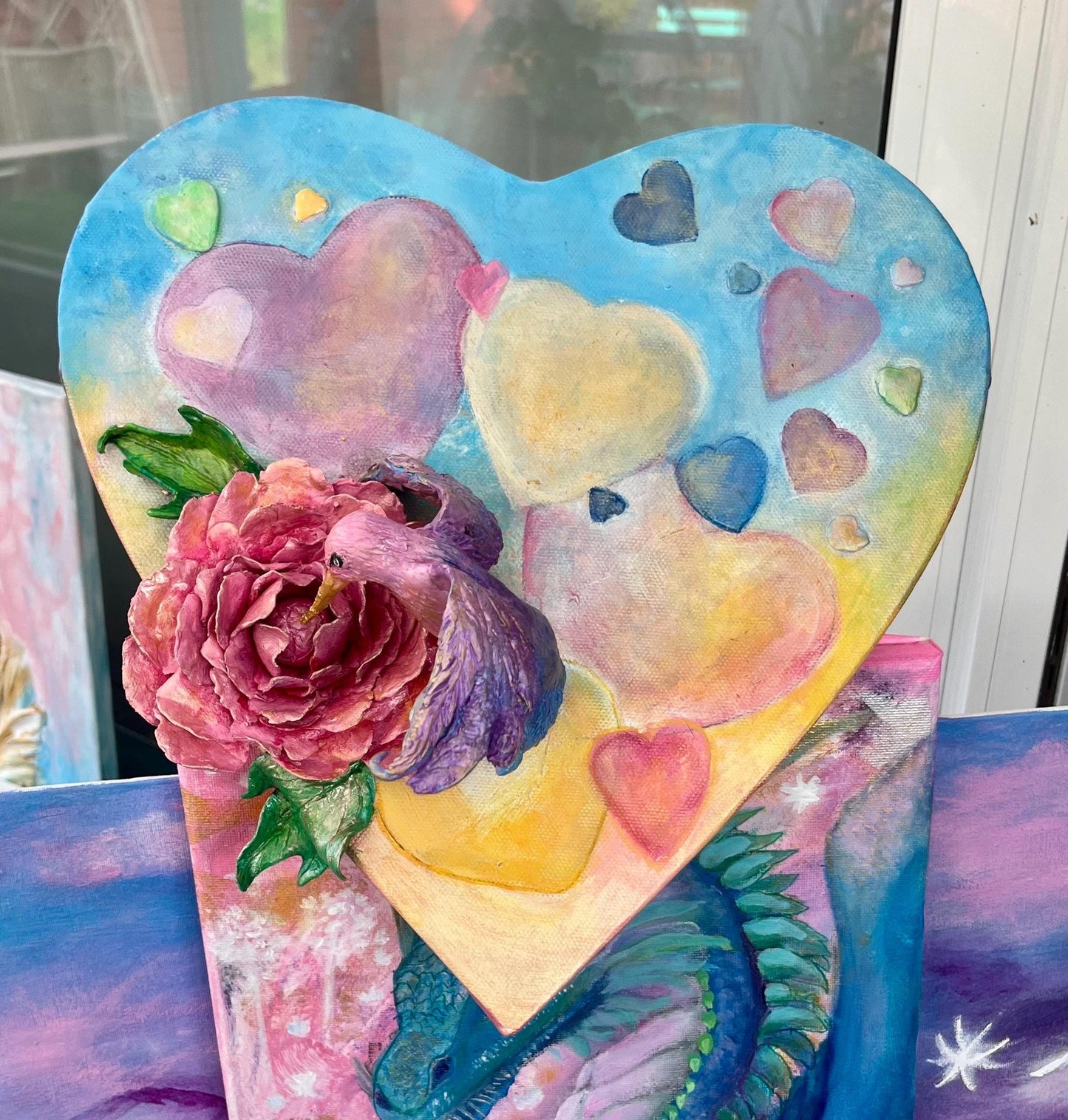 Original Alchemical Art 3D peony and hummingbird on heart shaped canvas with light catching metallic coloured hearts ( original painting)