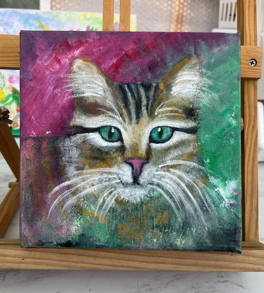 Acrylic painting on canvas, tabby cat with impression of small dove, light encoded, original art, accompanying channelled message about love