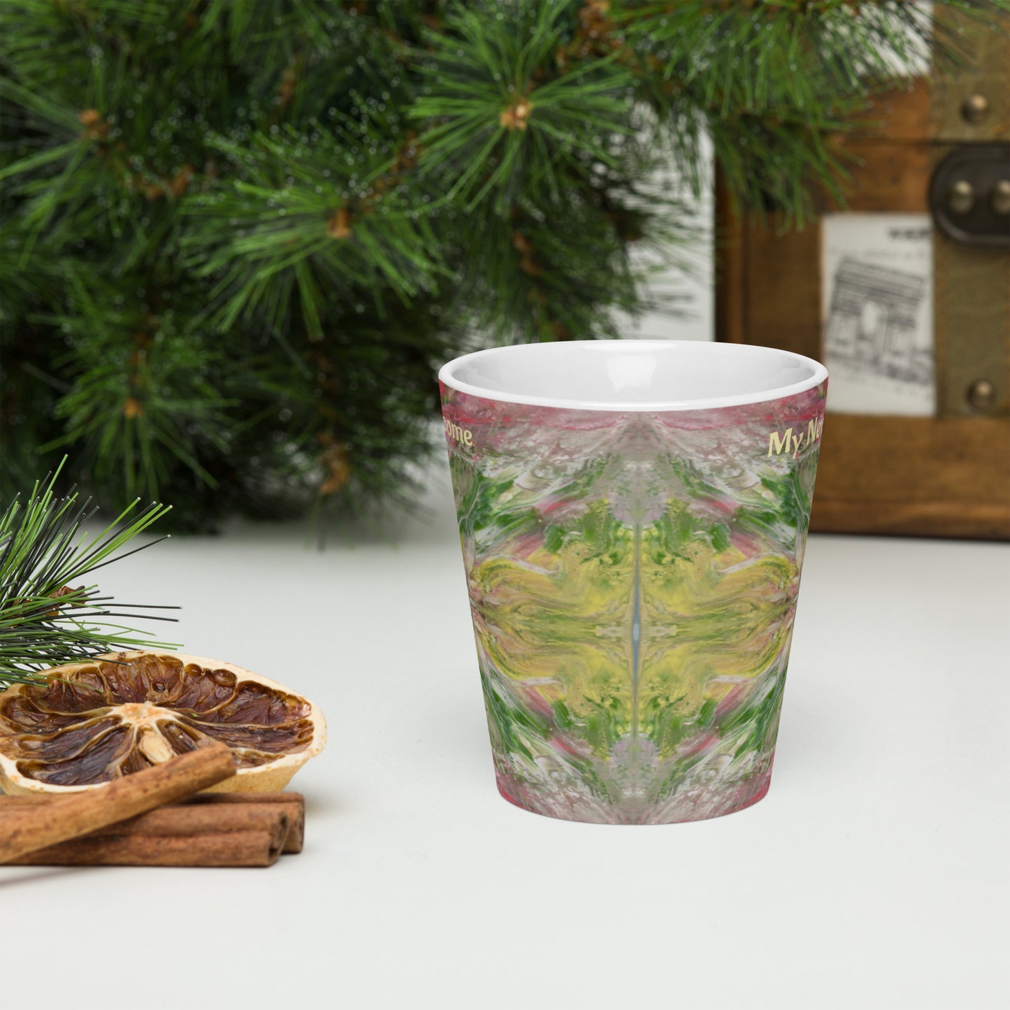 Latte mug, I welcome my new reality, channelled, light encoded design, activate your drink, robin, swan