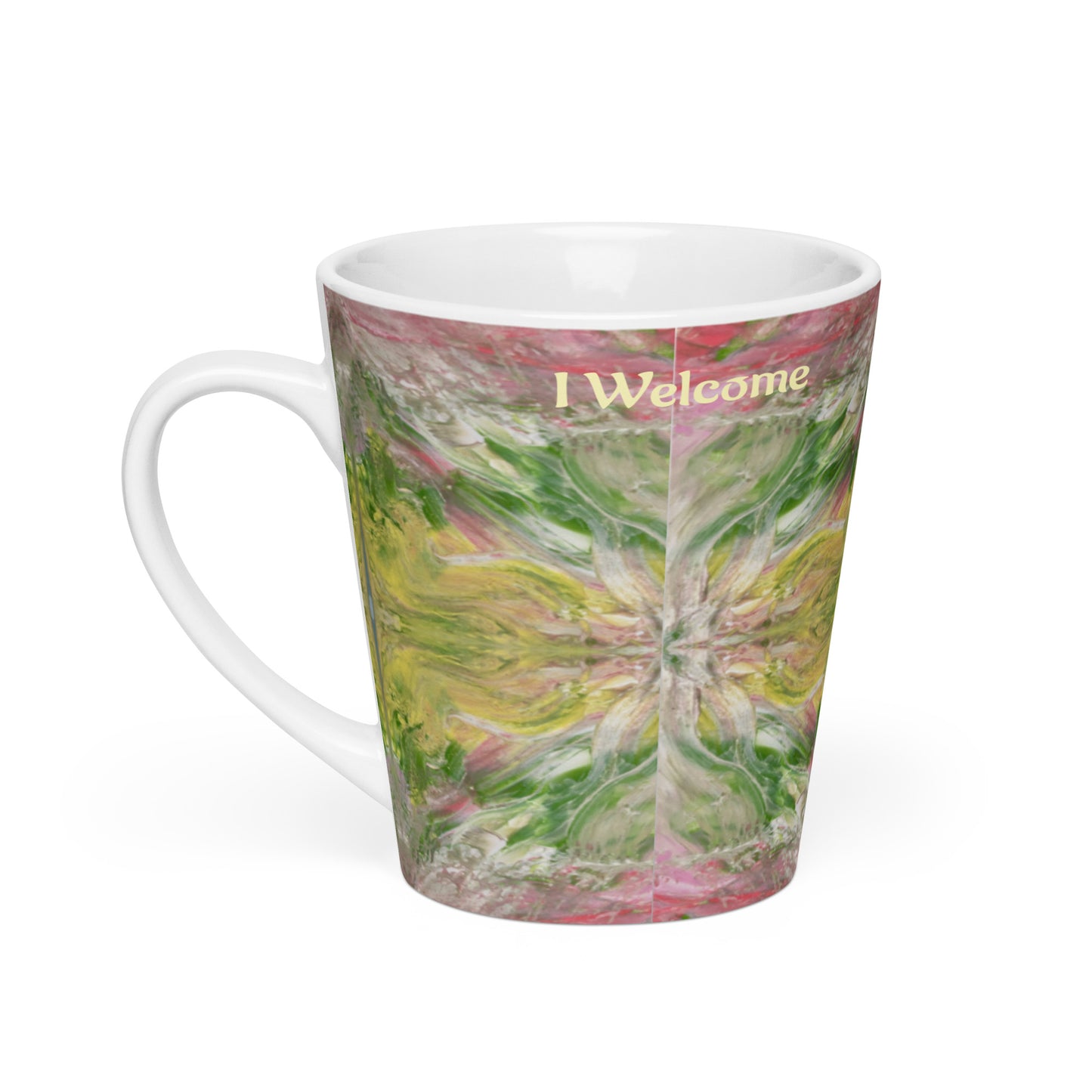 Latte mug, I welcome my new reality, channelled, light encoded design, activate your drink, robin, swan