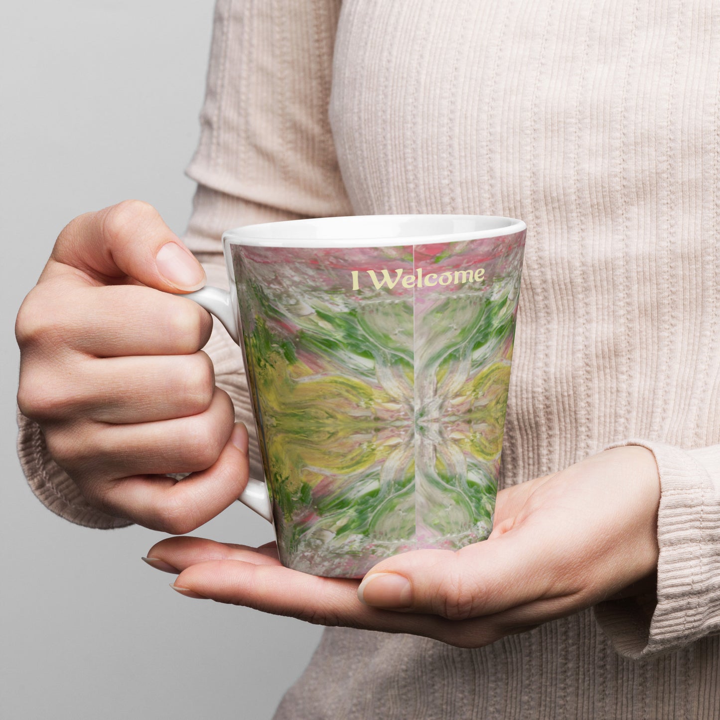 Latte mug, I welcome my new reality, channelled, light encoded design, activate your drink, robin, swan