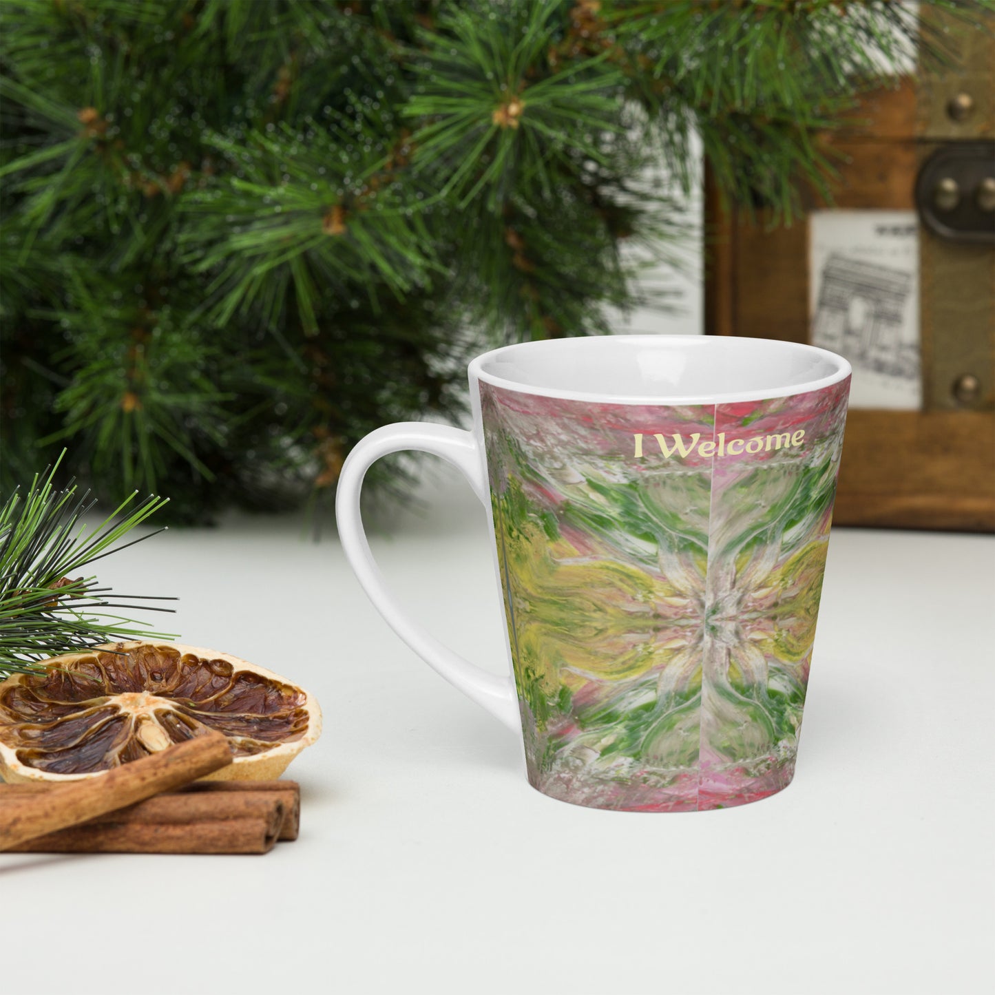 Latte mug, I welcome my new reality, channelled, light encoded design, activate your drink, robin, swan