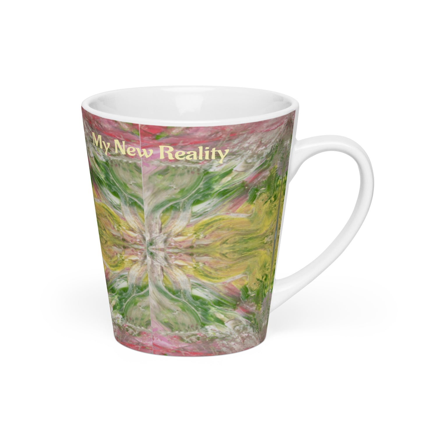 Latte mug, I welcome my new reality, channelled, light encoded design, activate your drink, robin, swan