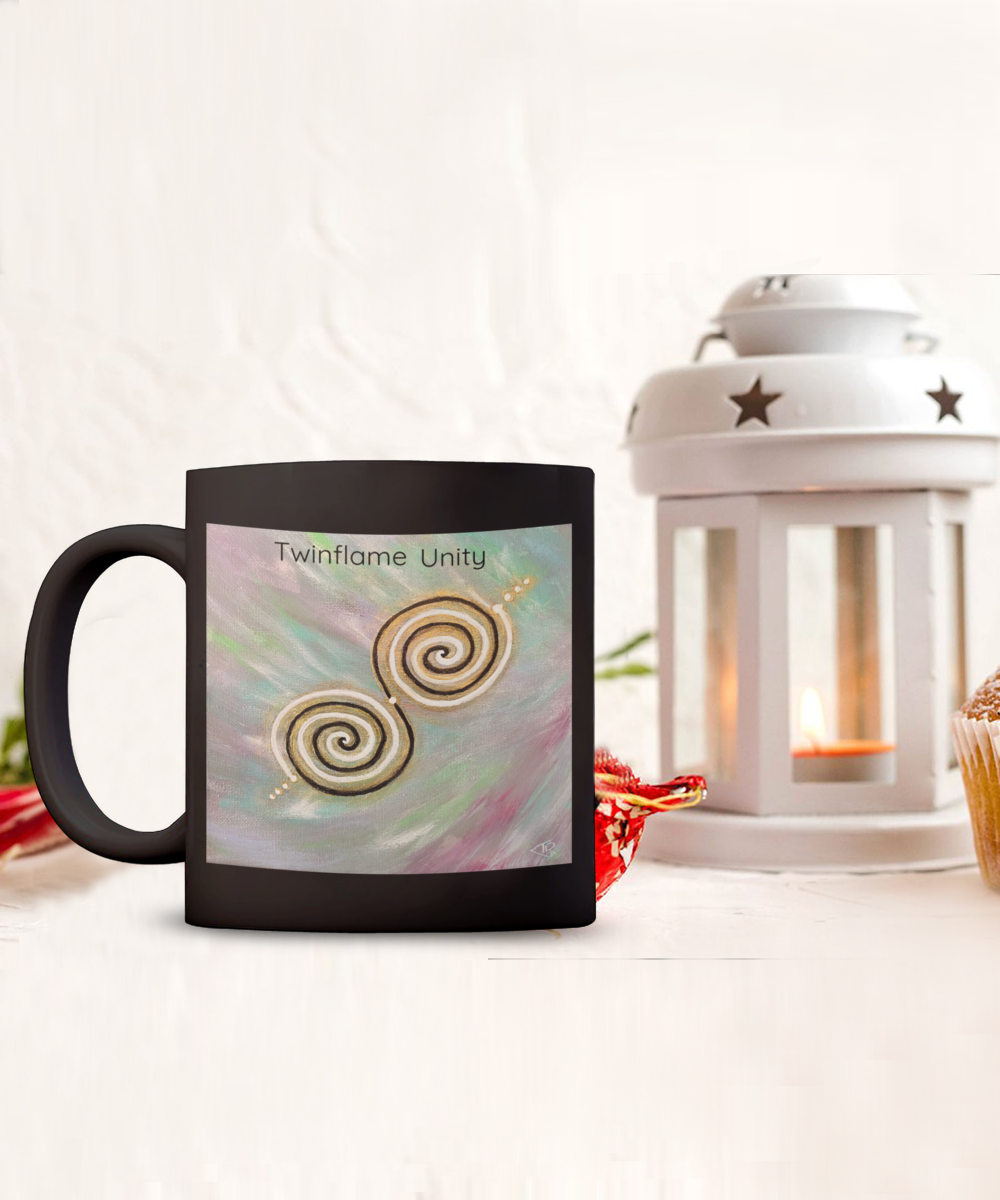 Twinflame unity mug, 11oz or 15oz, double spiral twinflame geometry, activated with light language, intention mug