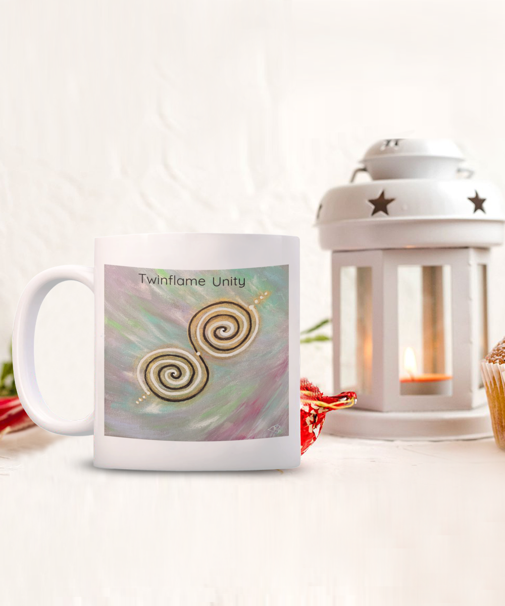 Twinflame unity mug, 11oz or 15oz, double spiral twinflame geometry, activated with light language, intention mug