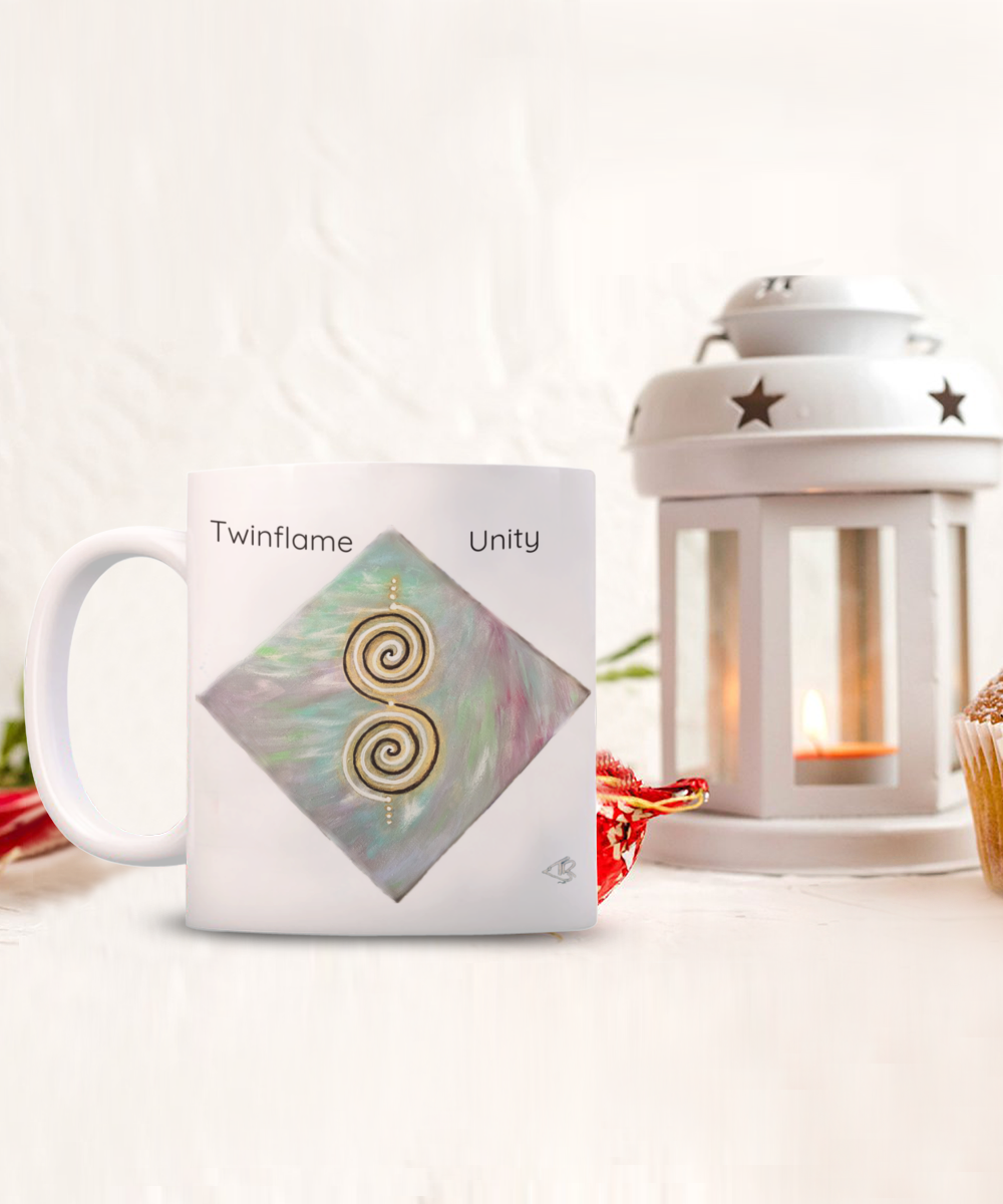 Twinflame unity mug, double spiral geometry, activated design, intention mug, 11oz