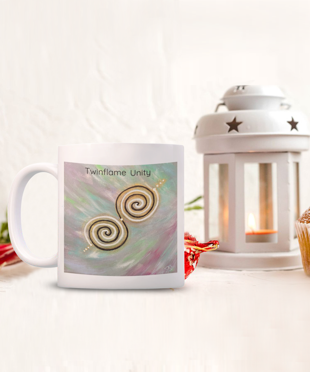 Twinflame unity mug, 11oz or 15oz, double spiral twinflame geometry, activated with light language, intention mug