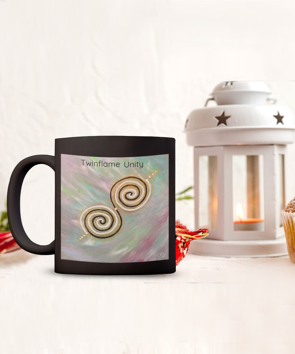 Twinflame unity mug, 11oz or 15oz, double spiral twinflame geometry, activated with light language, intention mug