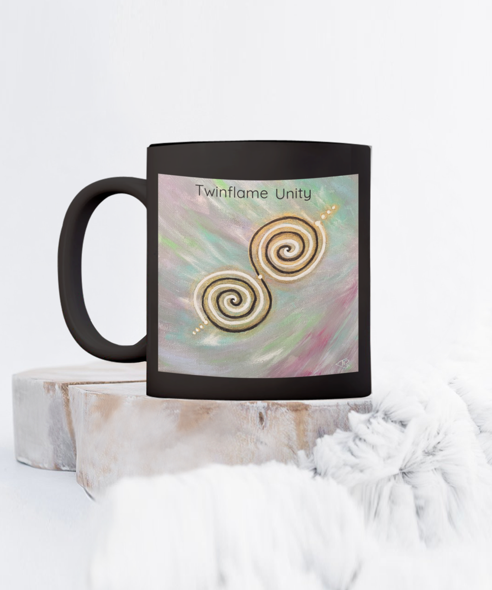 Twinflame unity mug, 11oz or 15oz, double spiral twinflame geometry, activated with light language, intention mug