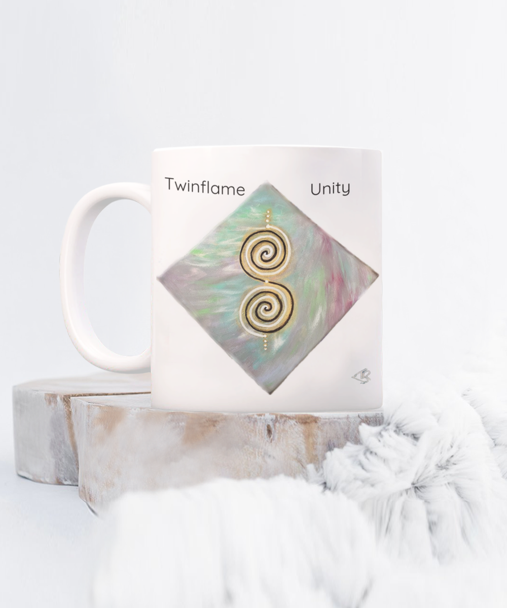 Twinflame unity mug, double spiral geometry, activated design, intention mug, 11oz