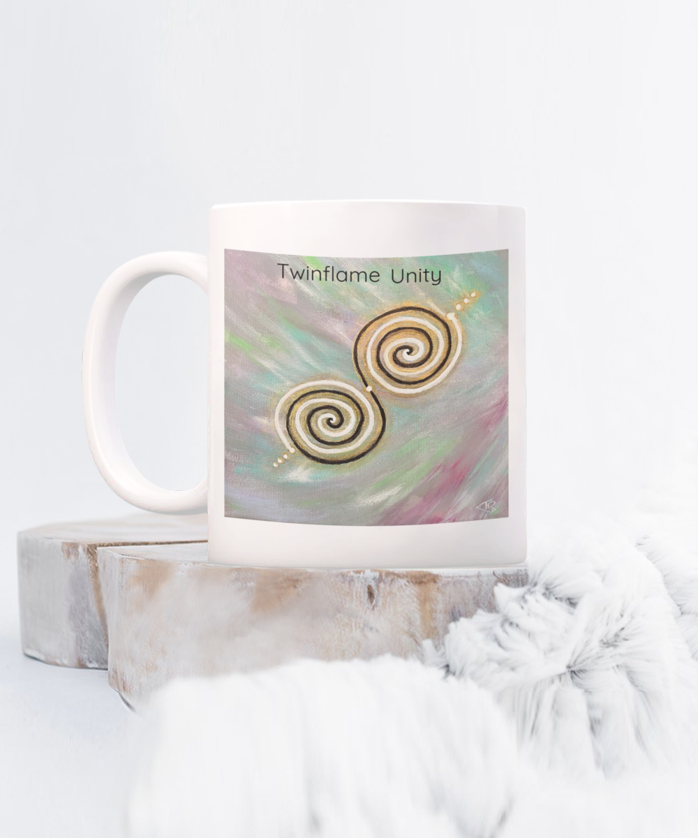 Twinflame unity mug, 11oz or 15oz, double spiral twinflame geometry, activated with light language, intention mug