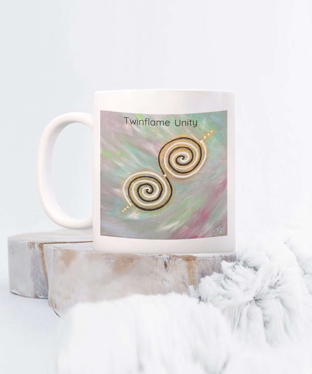 Twinflame unity mug, 11oz or 15oz, double spiral twinflame geometry, activated with light language, intention mug