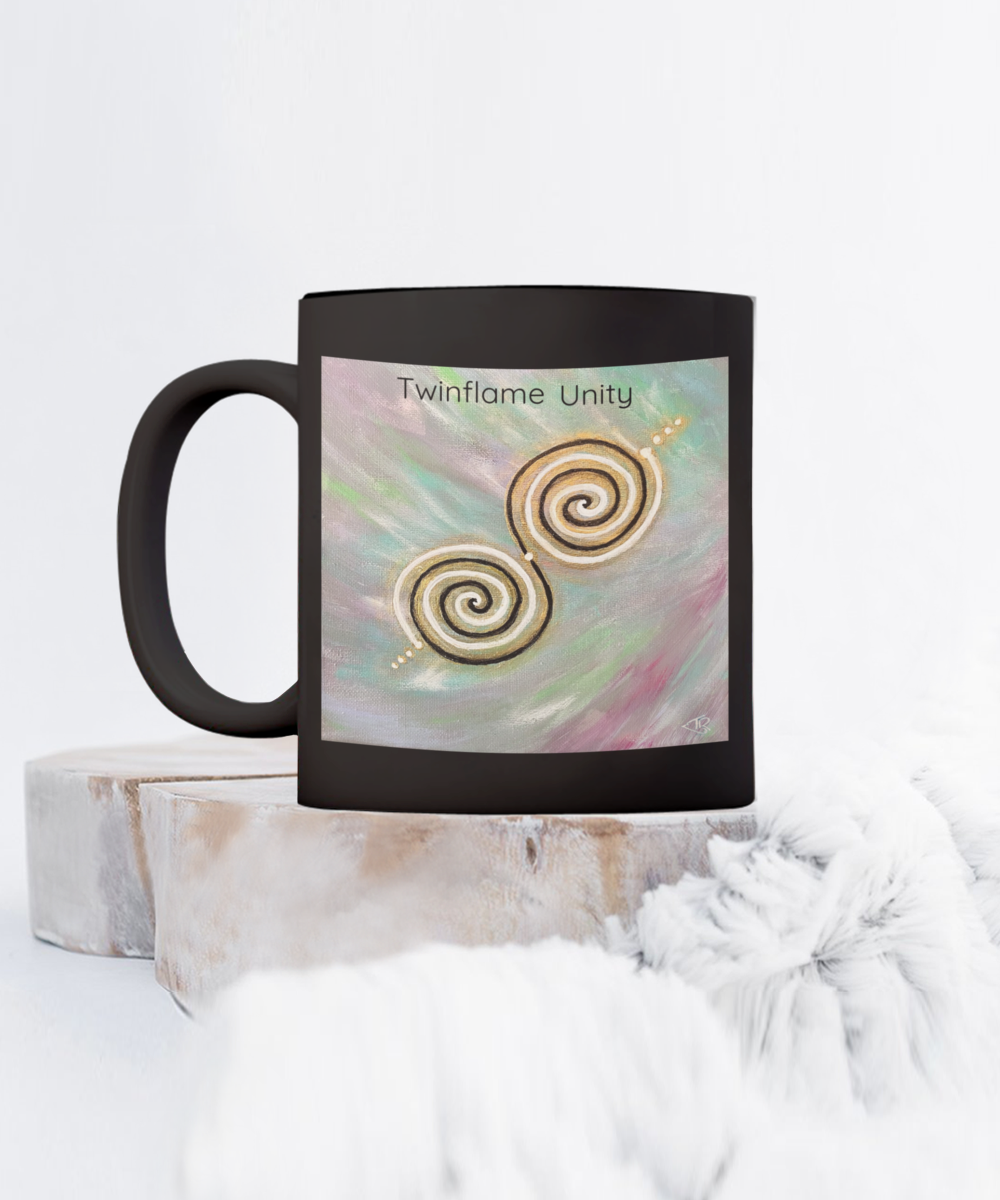 Twinflame unity mug, 11oz or 15oz, double spiral twinflame geometry, activated with light language, intention mug