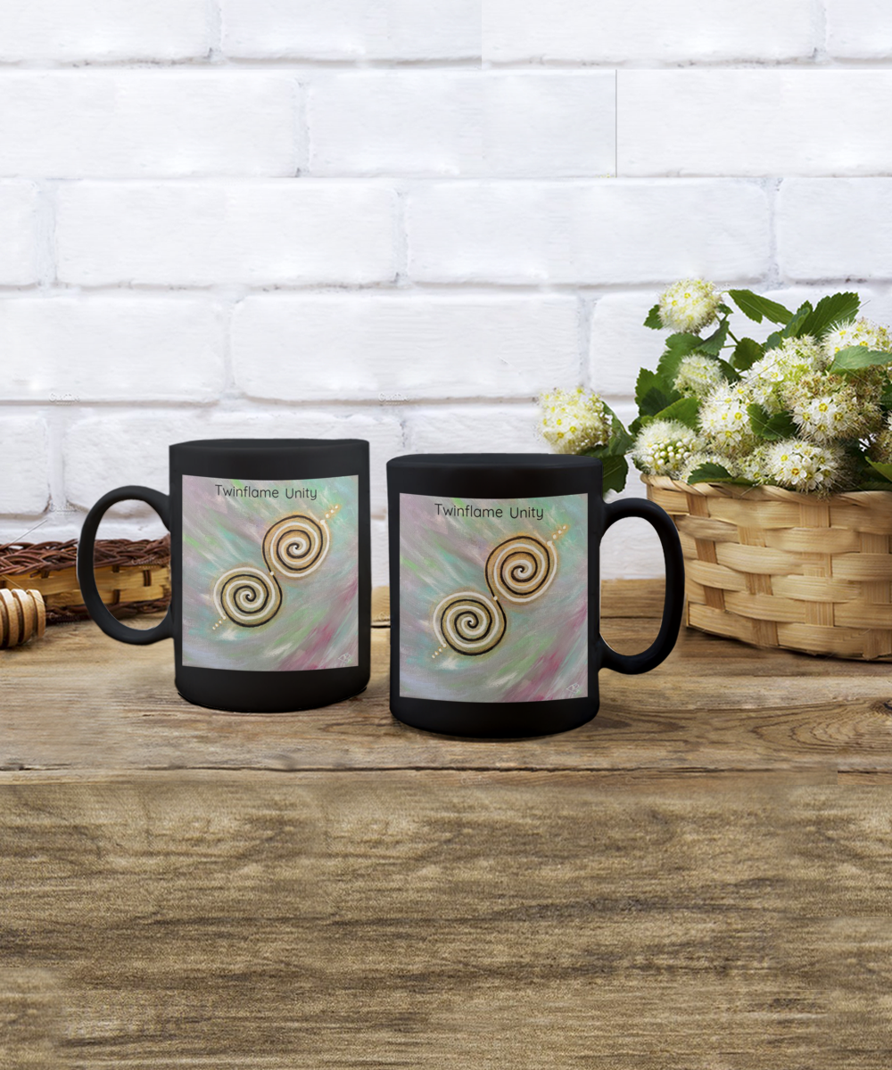 Twinflame unity mug, 11oz or 15oz, double spiral twinflame geometry, activated with light language, intention mug