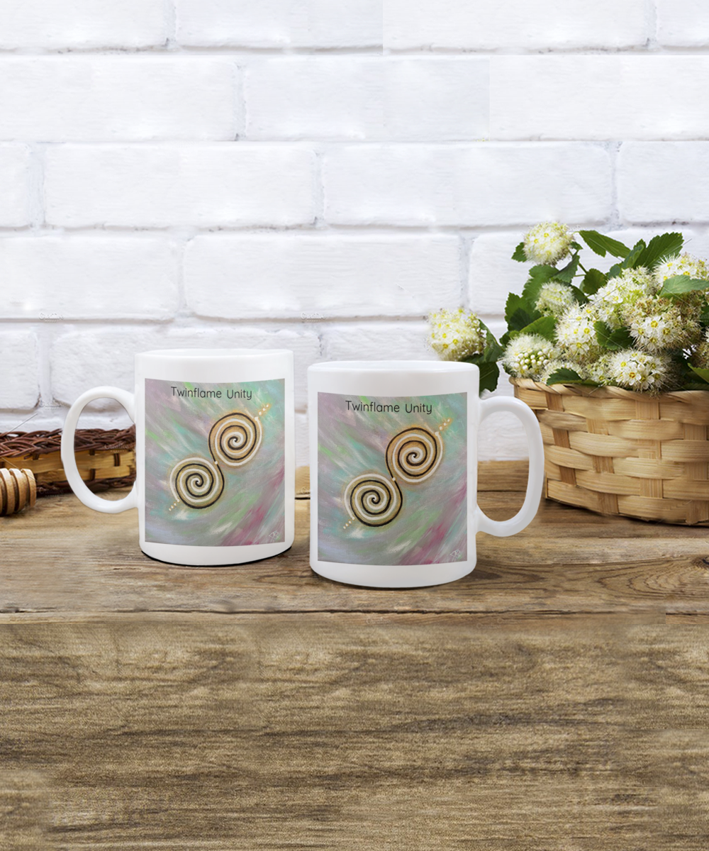 Twinflame unity mug, 11oz or 15oz, double spiral twinflame geometry, activated with light language, intention mug